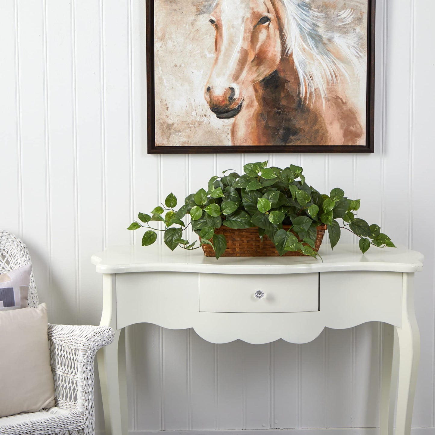 Nearly Natural 34in Artificial Pothos Ivy Plant with Ledge Basket Faux Trailing Cascading Greenery for Indoor Home Decor