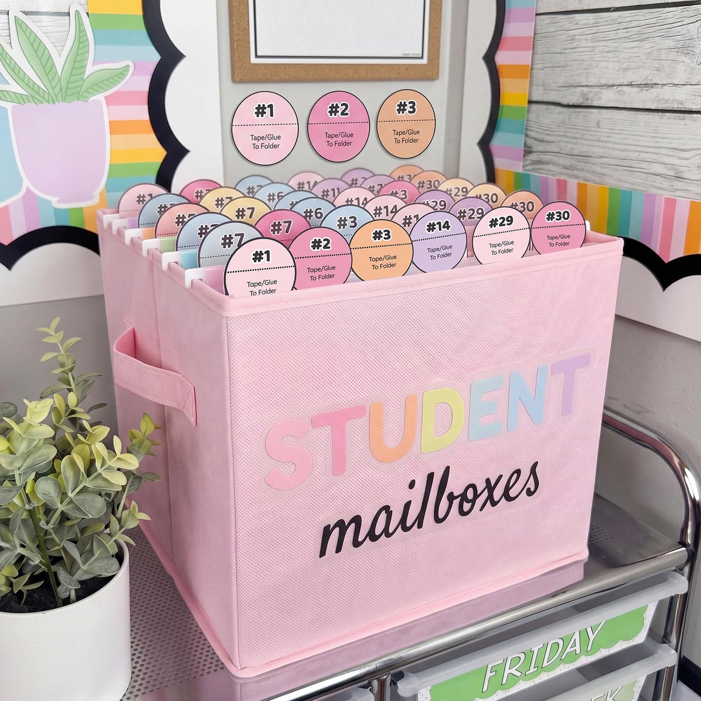 Kosiz 61 Pcs Pastel Classroom Mailbox Set Back to School Student Mailbox and Date Storage Set with Collapsible File Box 30 Hanging Files Folders 30 Index Tabs for School Classroom Teacher Must Haves