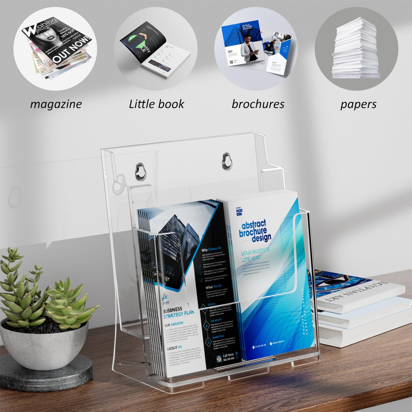 FUCDTEFC 2 Pack Acrylic Brochure Holder 8.5x11 & 4 x9 Inches, Clear 2 Tier Literature Magazine Stand Brochure Display Stand w Removable Divider Universal, Flyer Holder for Wall Mount or Countertop