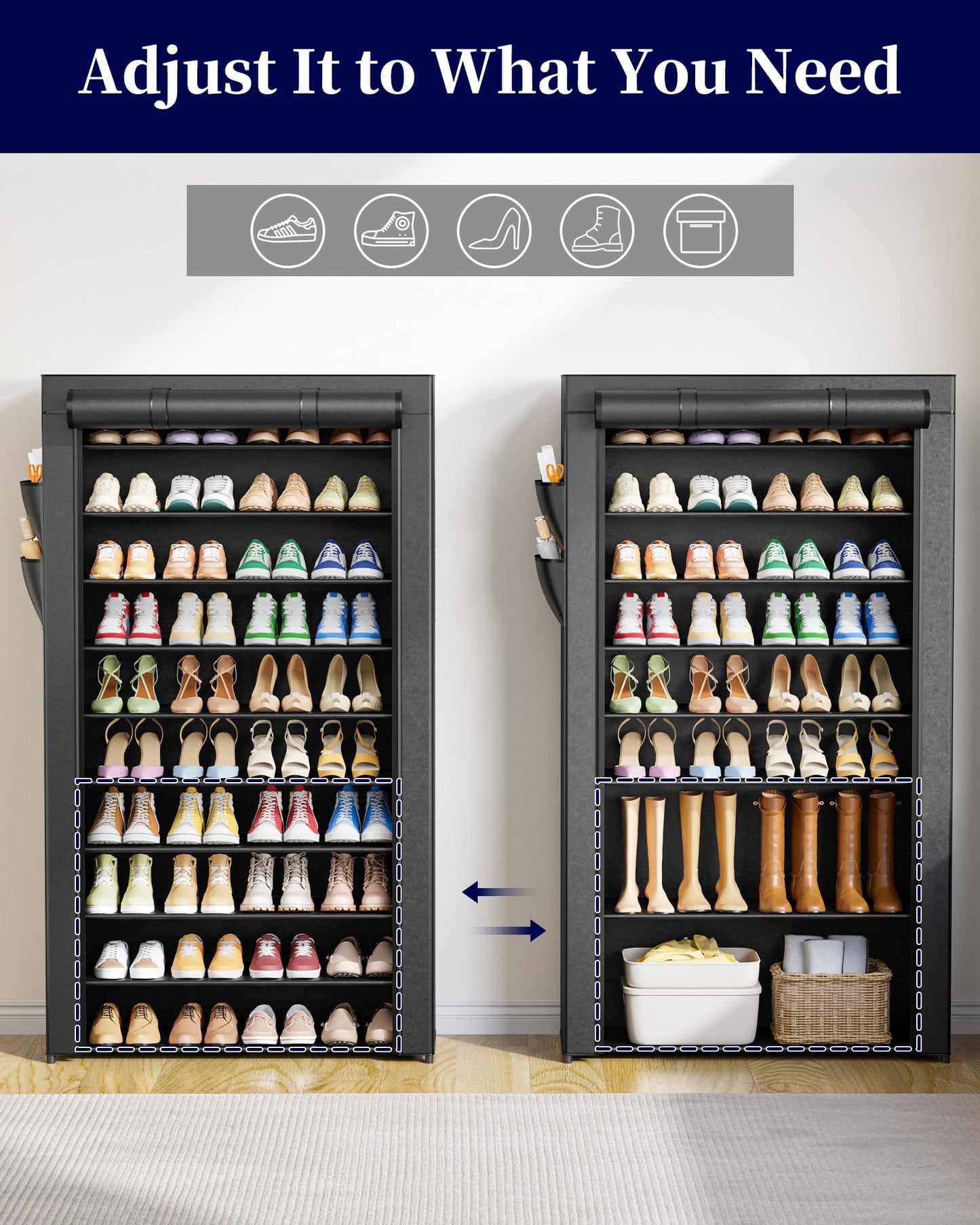 Kitsure Shoe Rack - 10-Tier Shoe Organizer with Zippered Dust Cover & Side Pockets, Easy to Assemble, Space Saving Shoe Rack for Closet, Entryway, Living Room, 33" x 12.4" x 69.3", Black