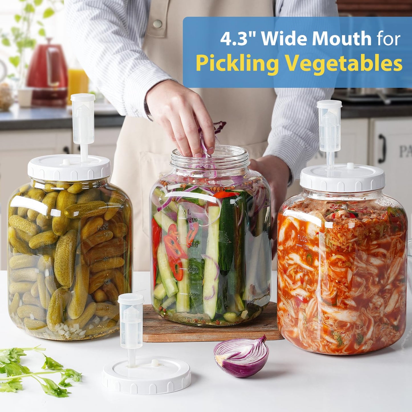 2 Pack Large Fermentation Jars, 1.5 Gallon Glass Jars with 100% Airtight Lid & 3 Airlocks, Large Mason Jars with Scale Line, Pickle Jar, Sourdough Starter Jar for Veggies, Sauerkraut, Kombucha