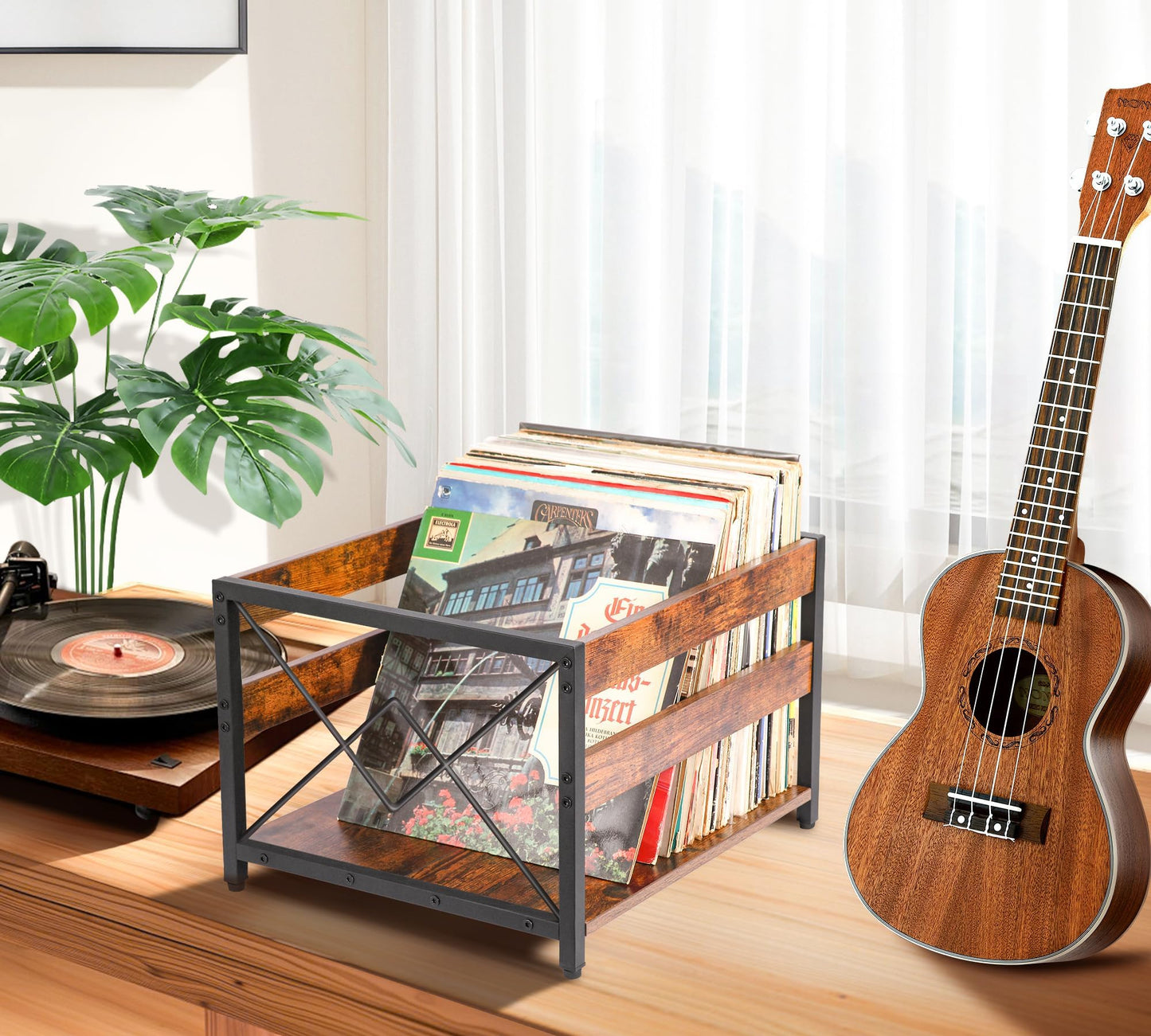 Y&M 2 Packs Vinyl Record Storage Crate, Wooden Storage Box, Classic Cube CD Albums Shelf Holder Organizer, Holds Up to 100+ Records, Magazine Rack for Desktop, Home, Office, Brown