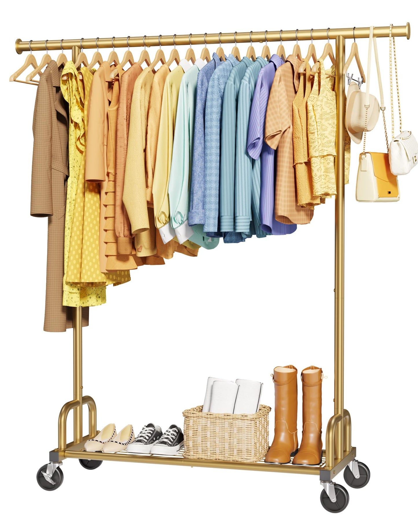 Sakugi Clothes Rack - Large-Capacity Clothing Racks for Hanging Clothes with Lockable Wheels, Space-Saving Metal Coat Rack for Bedroom, Laundry Room, Entryway, 45.6" x 16.9" x 59", Gold