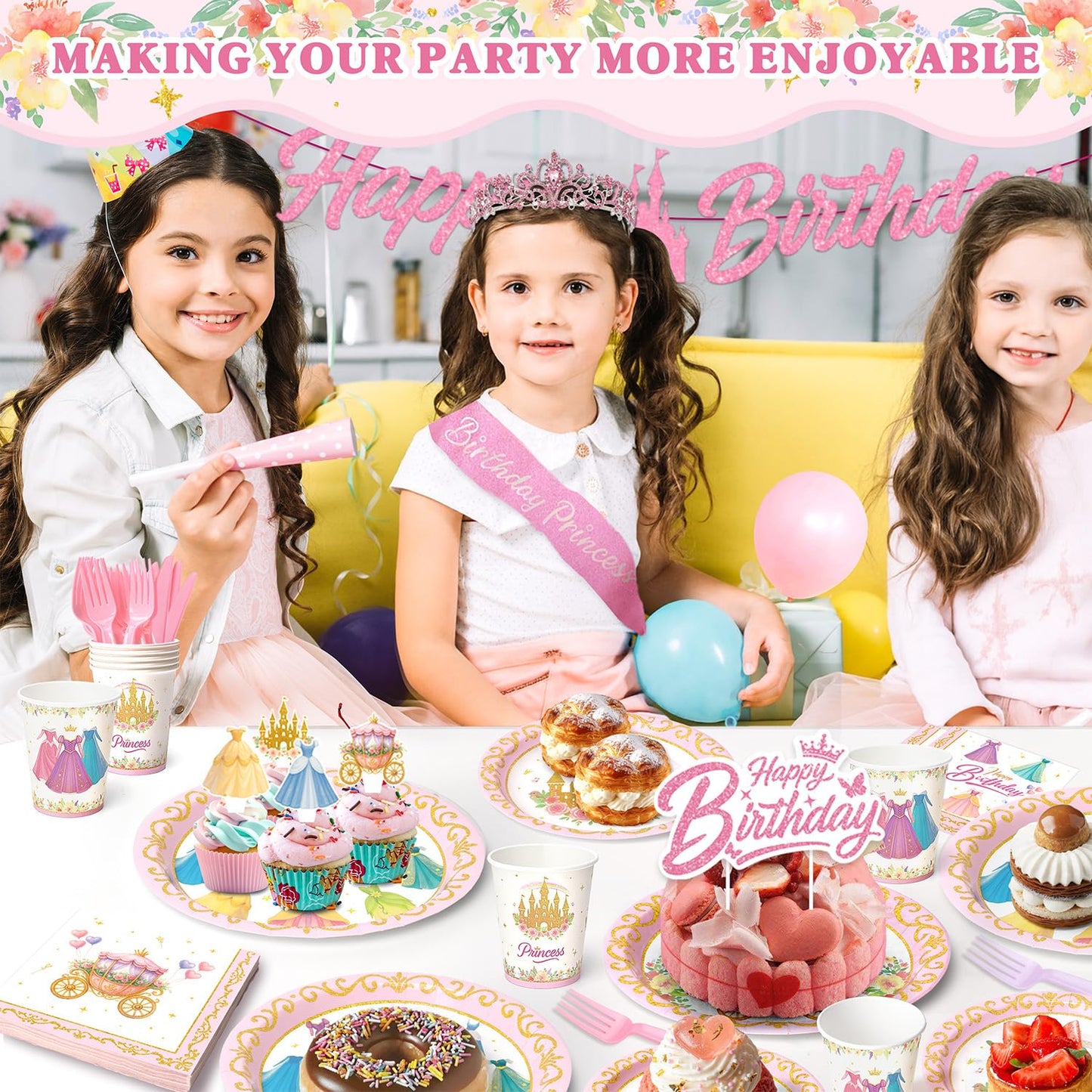 Princess Birthday Party Decorations – 199 PCS Princess Party Supplies for 24 Guests, Includes Plates, Cups, Napkins, Tablecloth, Castle Banner, Balloons, Cupcake Toppers, Tiara & Sash
