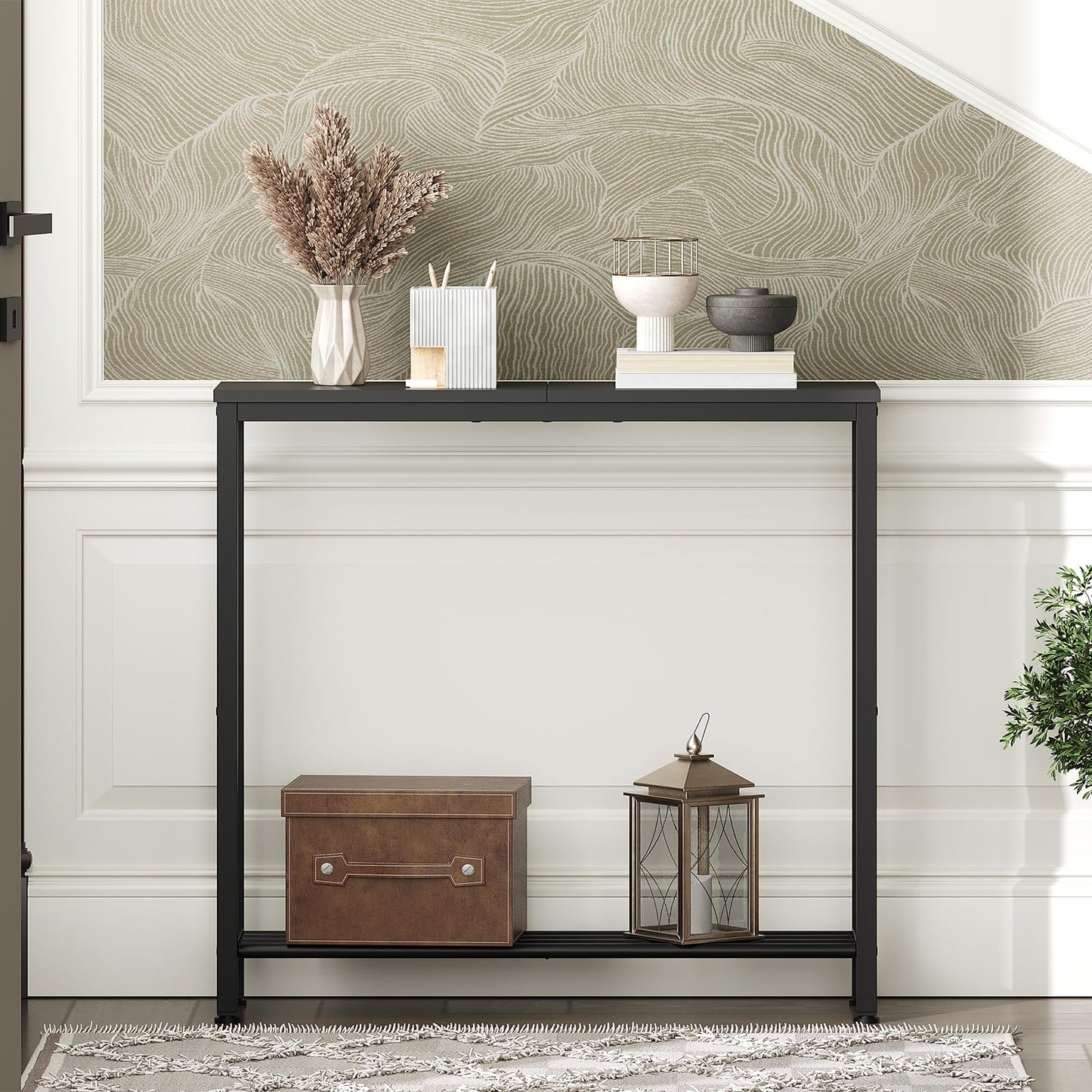 YATINEY Narrow Console Table, 2-Tier Small Sofa Table, 29.5" Thin Entryway Behind Couch Table with Shelves, Industrial Hallway Table, for Living Room, Foyer, Black CT03BB