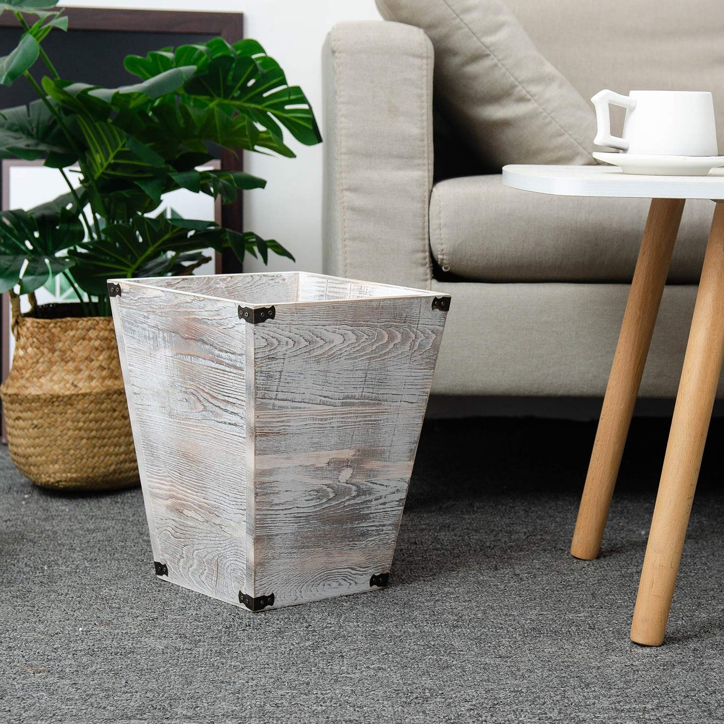 ExoLiry Rustic Whitewashed Torched Wood Square Waste Basket Recycle Bin Trash Can Decorative Metal Brackets Whitewashed Wooden Garbage Container Ash Holder Bedroom Living Room Home Office