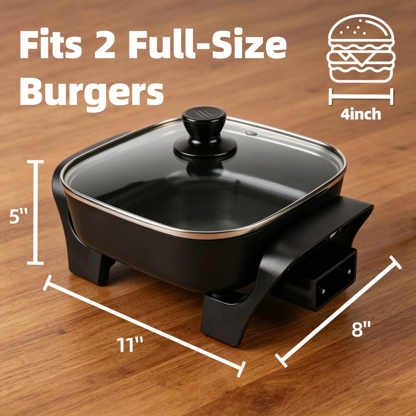 I-Keukenn 8" Electric Skillet with PFAS-Free Non-Stick Ceramic Coating, Removable Electric Frying Pan with Adjustable Temperature, Reversible Design, Tempered Glass Lid, Black