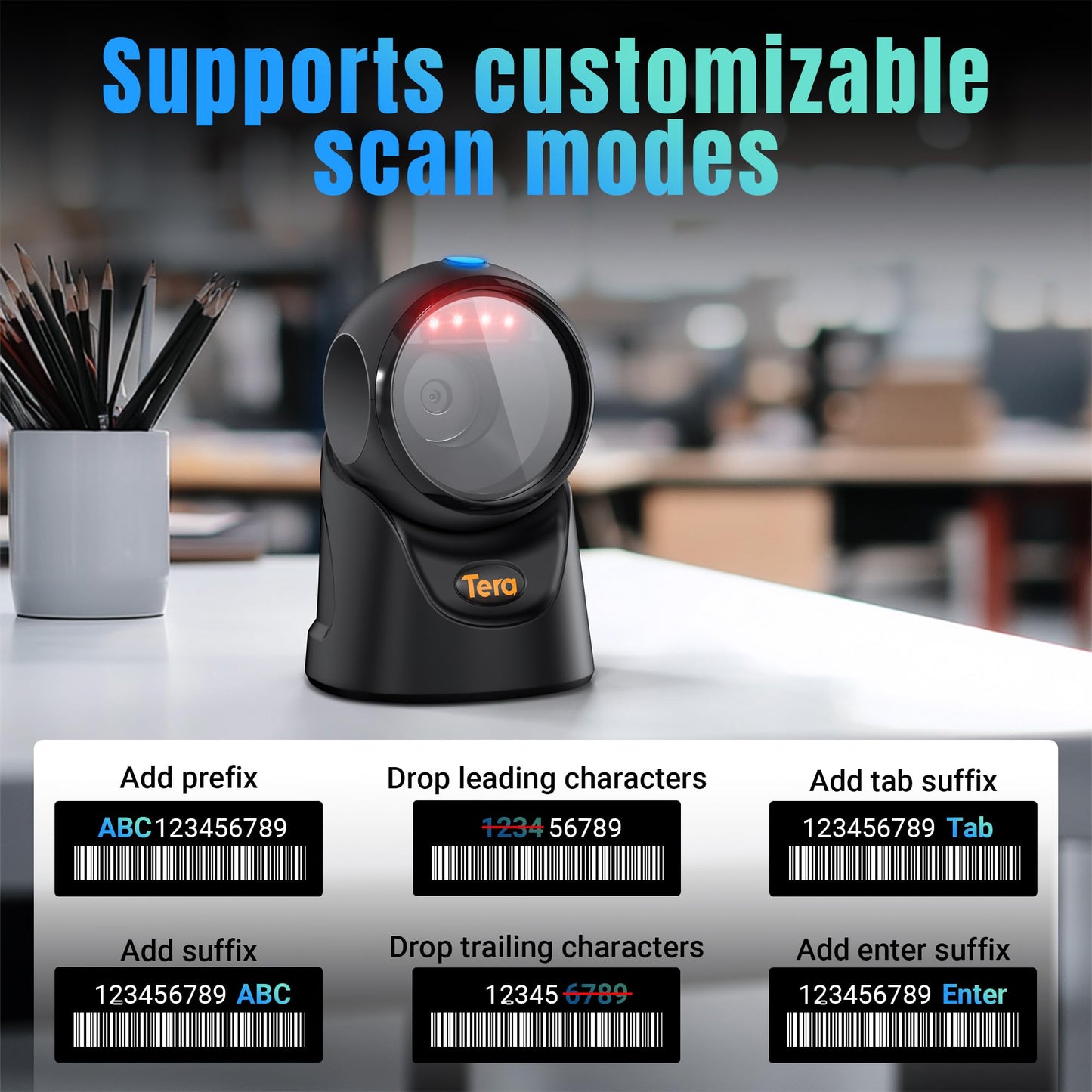 Tera Barcode Scanner Handsfree Omnidirectional: Desktop 1D 2D QR USB Wired Adjustable Angle Plug and Play Bar Code Reader for POS Supermarket Retail Store Mobile Payment Model 9700