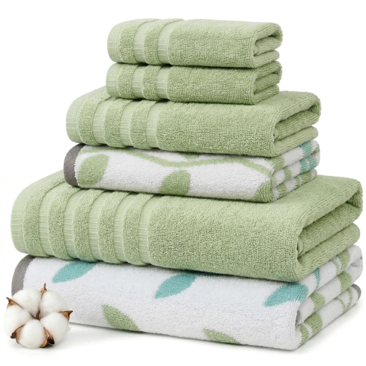 Modern Threads Natural Vine 6-Piece 100% Cotton Towel Set – Yarn Dyed Jacquard – Includes 2 Bath Towels, 2 Hand Towels, 2 Washcloths – Absorbent, Quick Dry, Soft & Durable – Sage Green