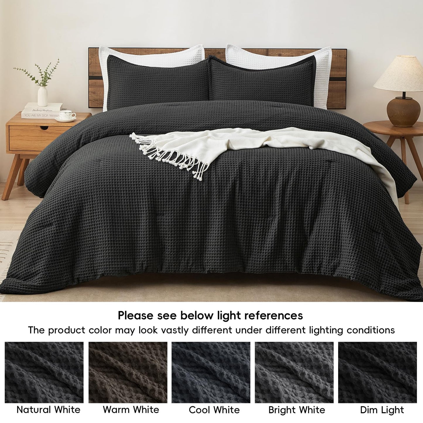 PHF Ultra Soft Waffle Weave Comforter Set Queen Size, 3 Pieces Lightweight Breathable Comfy Bedding Set, Comfy Textured 1 Comforter with 2 Pillow Shams, Black