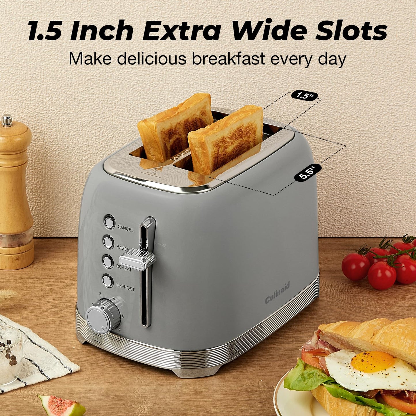 Culinaid Toaster 2 Slice Retro Stainless Steel with 1.5” Extra Wide Slots Bagel, Defrost, Reheat, Cancel Functions, 6 Bread Shade Settings, Removable Crumb Tray, Gray