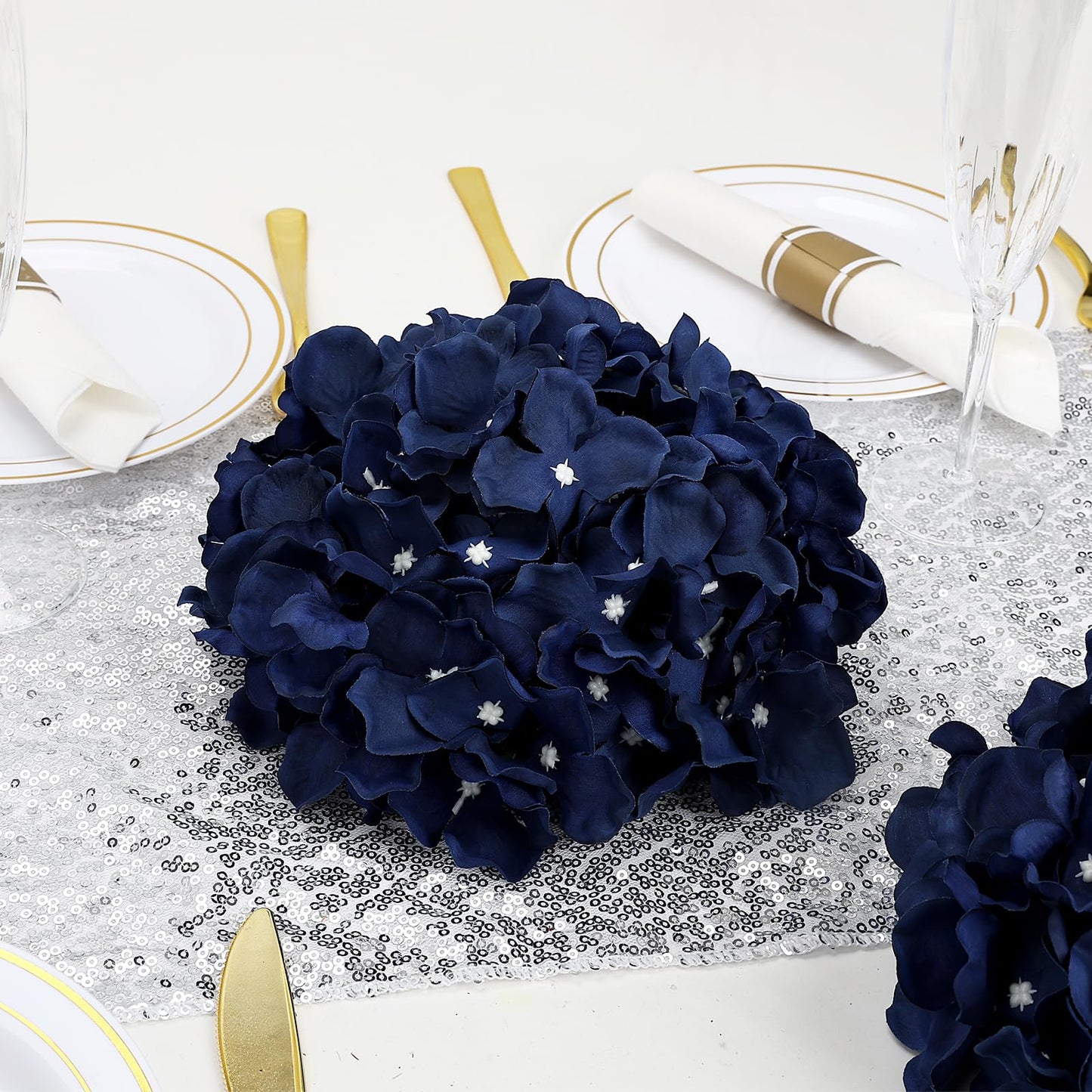 DIYDOFUN Hydrangea Flower Balls for Centerpieces - 12 PCS Artificial Floral Arrangement with Base, 8.27 Inch Diameter Fake Silk Kissing Ball for Wedding Table Home Party Decor - Navy Blue