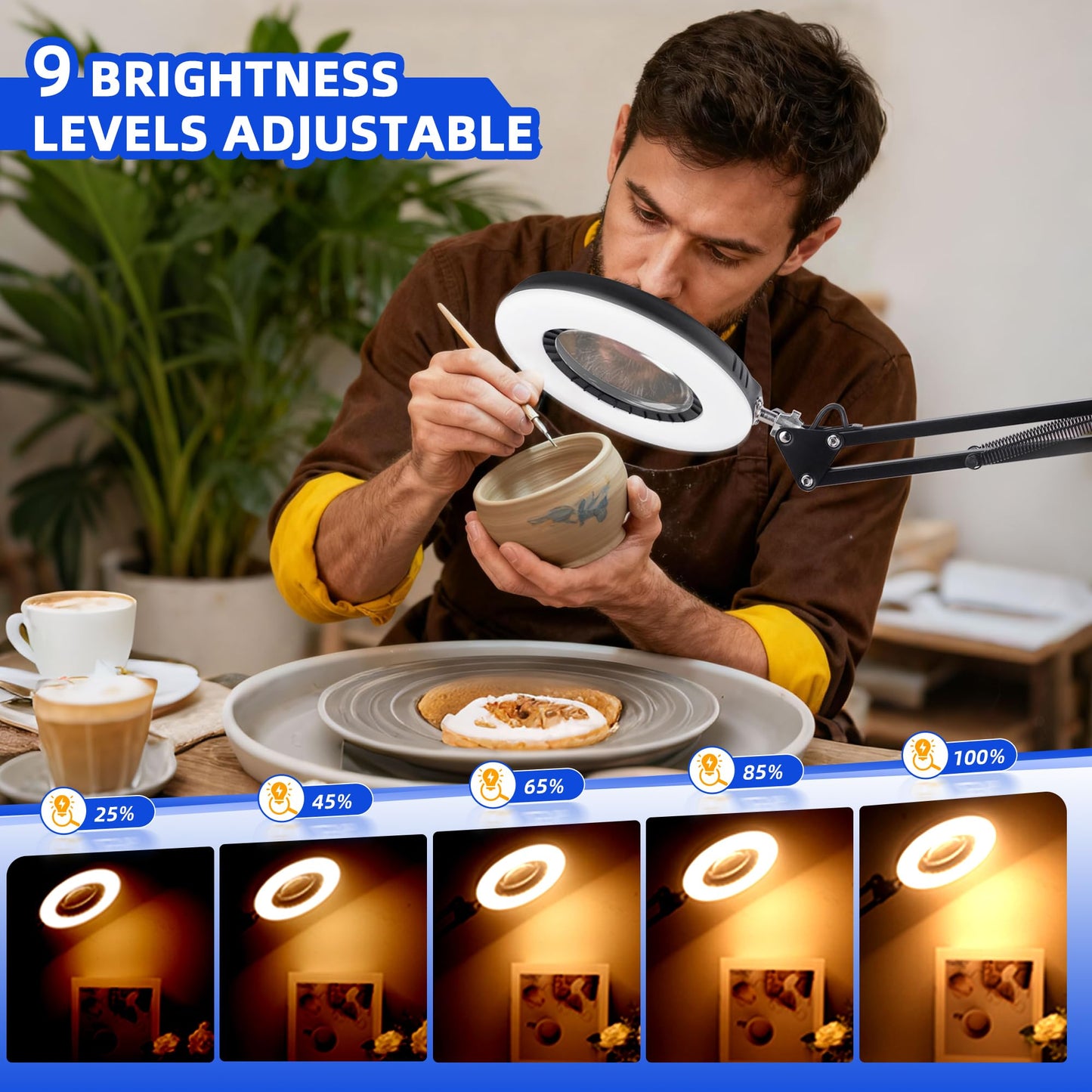 Akynite 12X Magnifying Glass with Light and Stand, 144 LED Real Glass Magnifying Desk Lamp with Base and Clamp, 5 Color Modes 9-Level Dimmable Lighted Magnifier Hands Free for Crafts Sewing Close Work