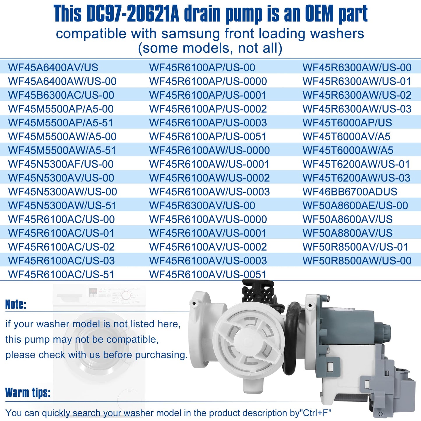 ITULCYO DC97-20621A Washer Drain Pump Assembly（OEM）Compatible with Samsung Washer Drain Pump Assembly Replace Number：DC97-17999N，DC31-00187A，AP6807020，PS12592830，EAP12592830，495963