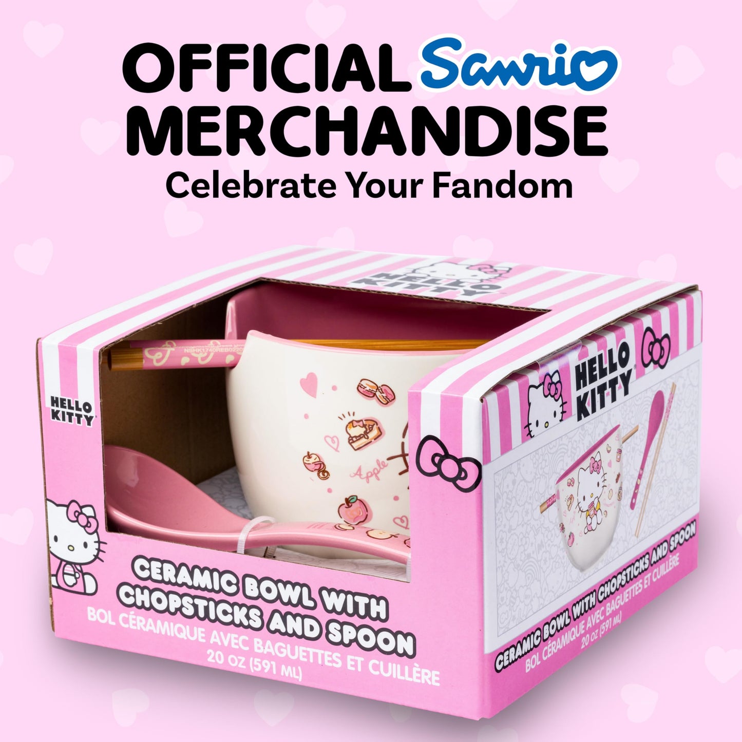Silver Buffalo Sanrio Hello Kitty Apples and Cinnamon Ceramic Ramen Noodle Rice Bowl with Chopsticks and Spoon, Microwave Safe, 20 Ounces