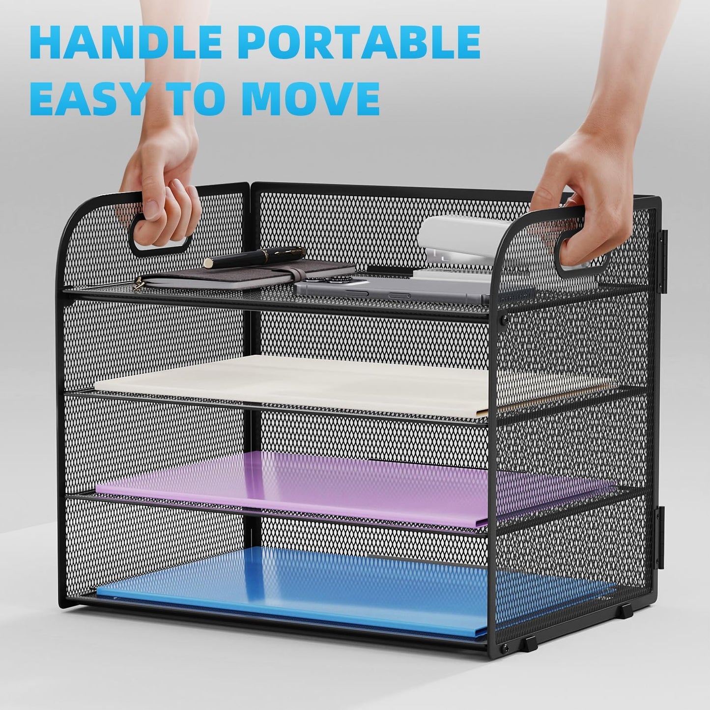 Marbrasse 2 Pack 4 Tier Paper Organizer Letter Tray - Mesh Desk File Organizer with Handle, Paper Sorter Organizer for Letter/A4 Office File Folder Holder (Black, 12.6" x 9.1" x 10.7")