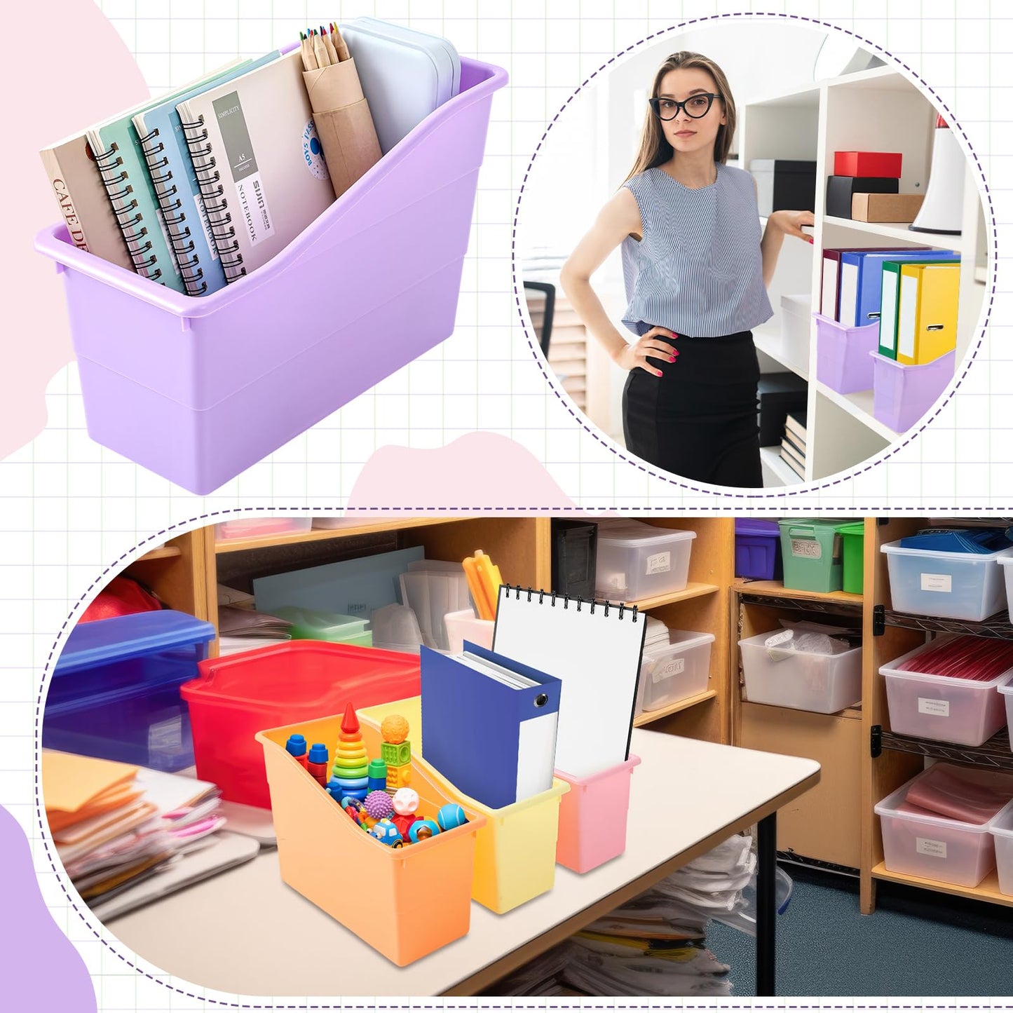 Blosssound 6 Set Book Bins for Classroom with Label Sticker Book Box Baskets Plastic Stackable Organizing Bins Storage & Organization for Classroom Library Home School Supplies (Pastel)