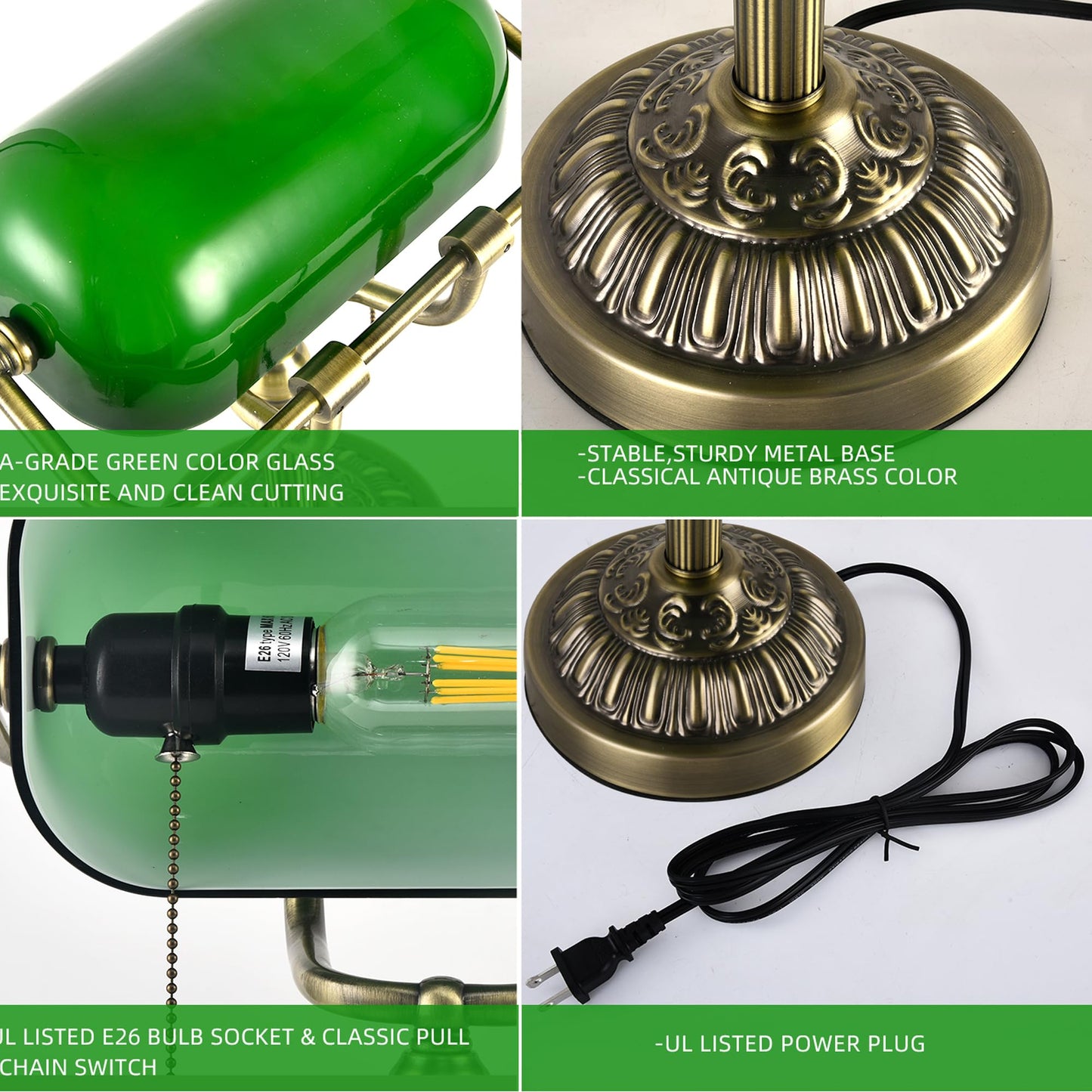 Rizzyluz Bankers Desk Lamp with USB-A Charging Port, Vintage Desk Lamps with Pull Chain Green Glass, Antique Brass Banker's Lamp for Home Office Library