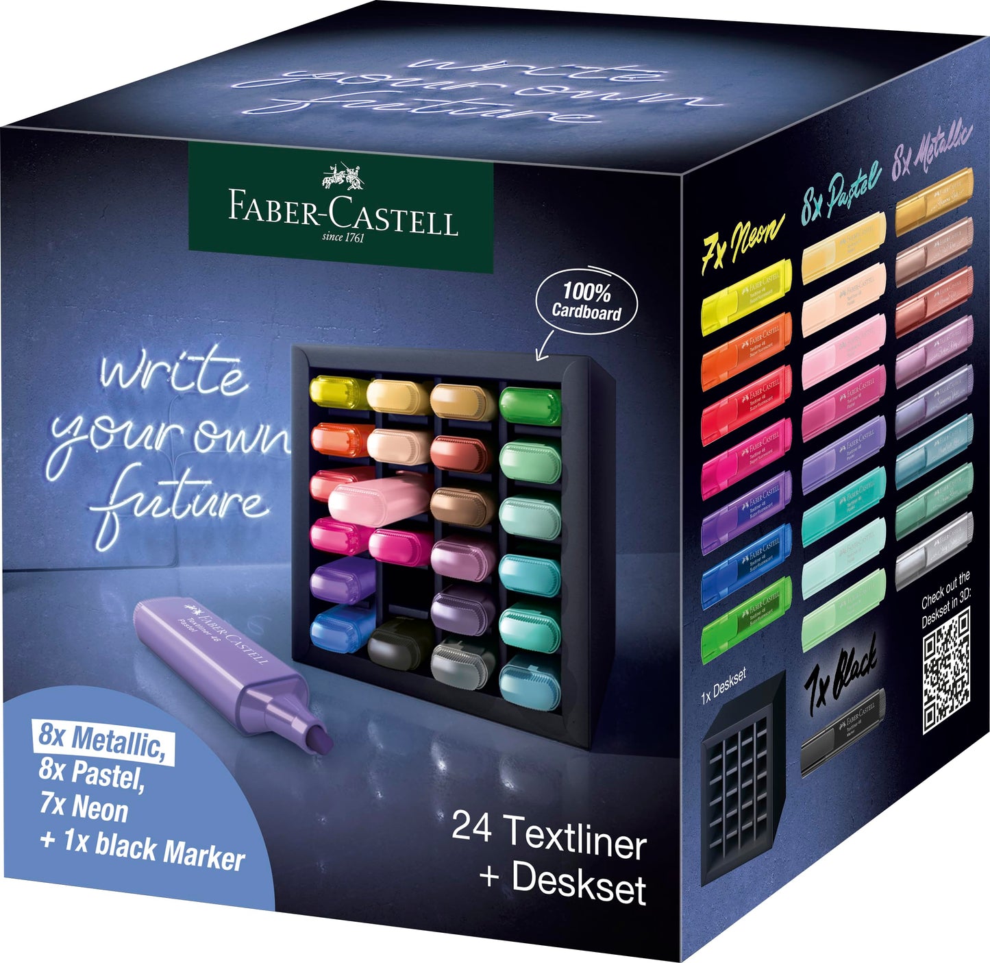 Faber-Castell Highlighter Desk Set - Assortment of 24 Chisel Tip Markers, Metallic, Neon, and Pastel Set - Thin No Bleed Highlighters, Stationery and Bullet Journal Supplies, Gifts for Artists