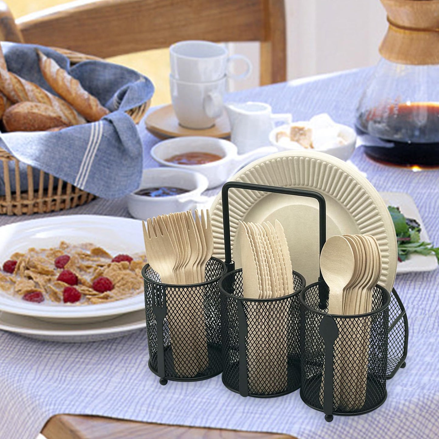 DysanVica Utensil Caddy Silverware Holder - 4 Compartment Metal Mesh Cutlery Fork Spoon Napkin Plate Organizer Flatware Storage Basket Party Kitchen Countertop Buffet Picnic Camping Outdoor BBQ Black