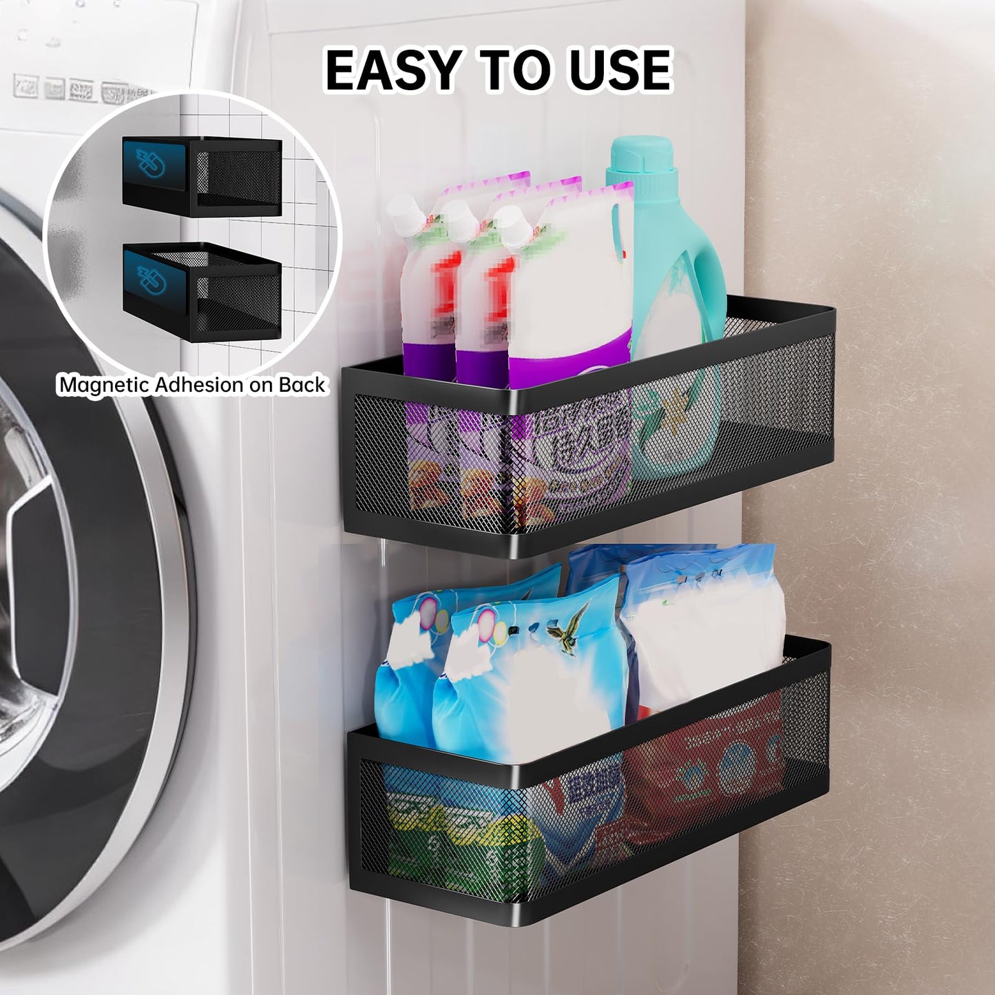 WOCUBEHOME 2-Pack Laundry Room Organization, Magnetic Shelves with Tall Guardrails to Prevent Falling - Strong Magnet Organizer for Washing Machine, Refrigerator, Kitchen & Pantry