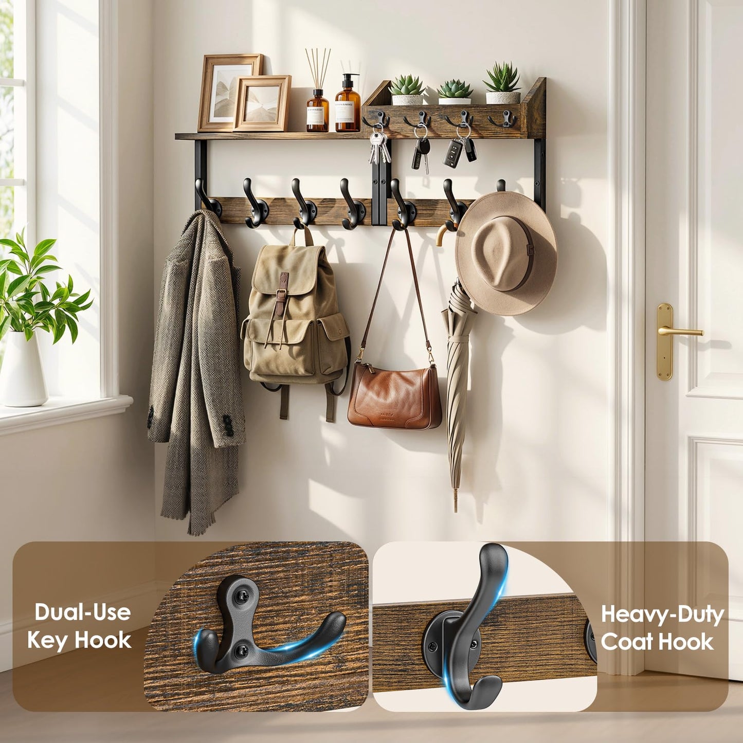 Lewondr Coat Rack Wall Mount with Shelf, 29" Entryway Wall Mounted Shelf with 7 Dual Hooks 4 Key Hooks, Entryway Floating Coat Rack with Mail Holder for Living Room, Bedroom, Vintage Brown