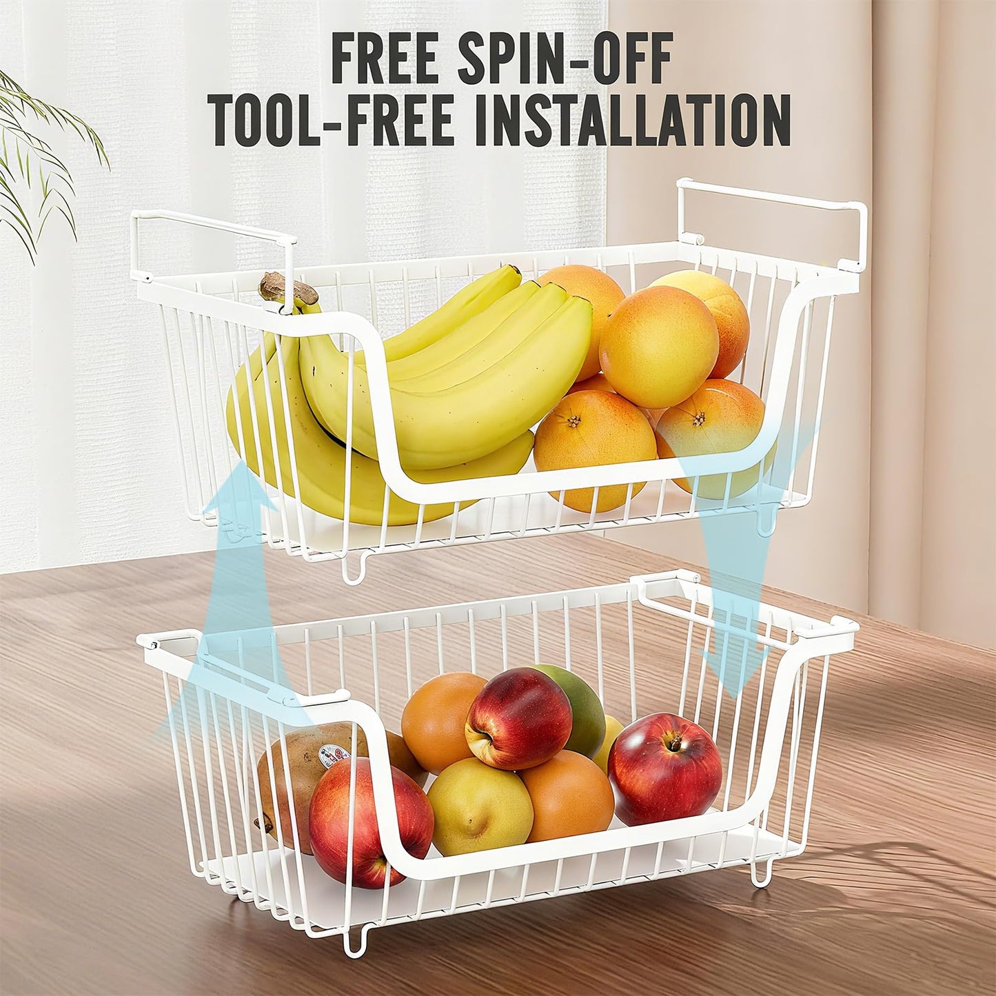 GAOKASE 4 Pcs Stackable Wire Baskets for Pantry Organizers and Storage,Vegetable Fruit Basket for Countertop,Kitchen Storage Metal Baskets,Produce Potato Onion Storage Bin,White