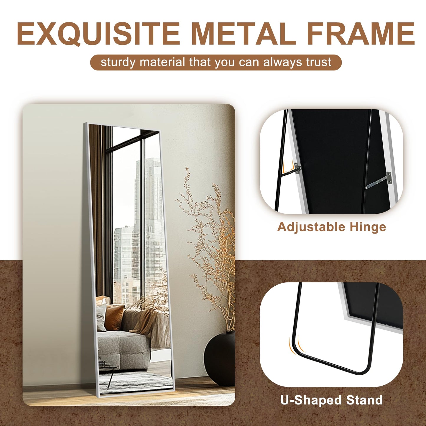 Delma Full Length Mirror,Large Floor Mirror with Aluminum Frame for Bedroom, Bathroom, Living Room,Wall Mount or Freestanding Design, Silver, 56" L x 15" W x 1Pcs