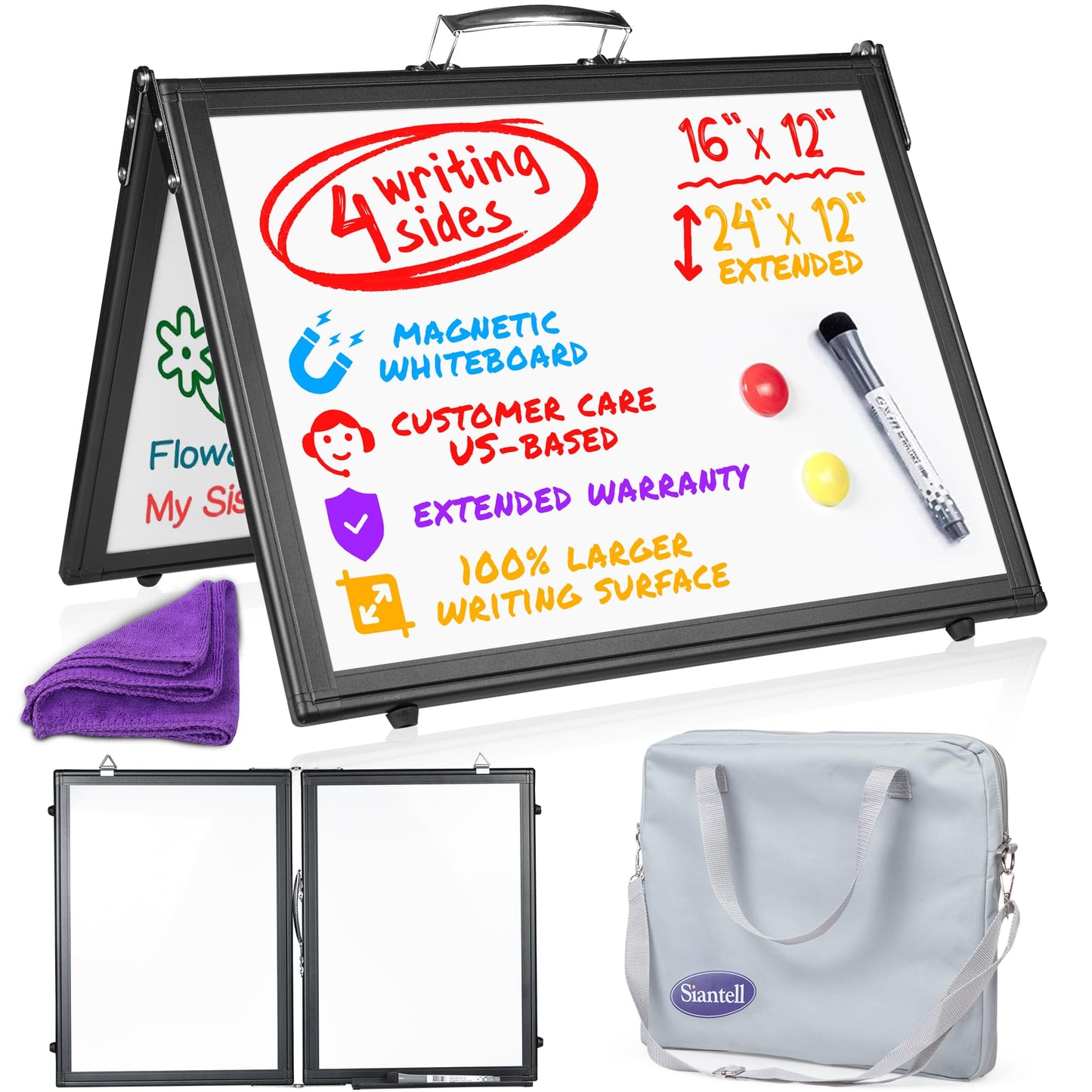 Small Dry Erase White Board – Magnetic Desktop Whiteboard - 16x12 inch 4 Sides Portable Whiteboard for Kids - Tabletop Mini Easel with Cover Bag for Office Desk, Students, Teachers