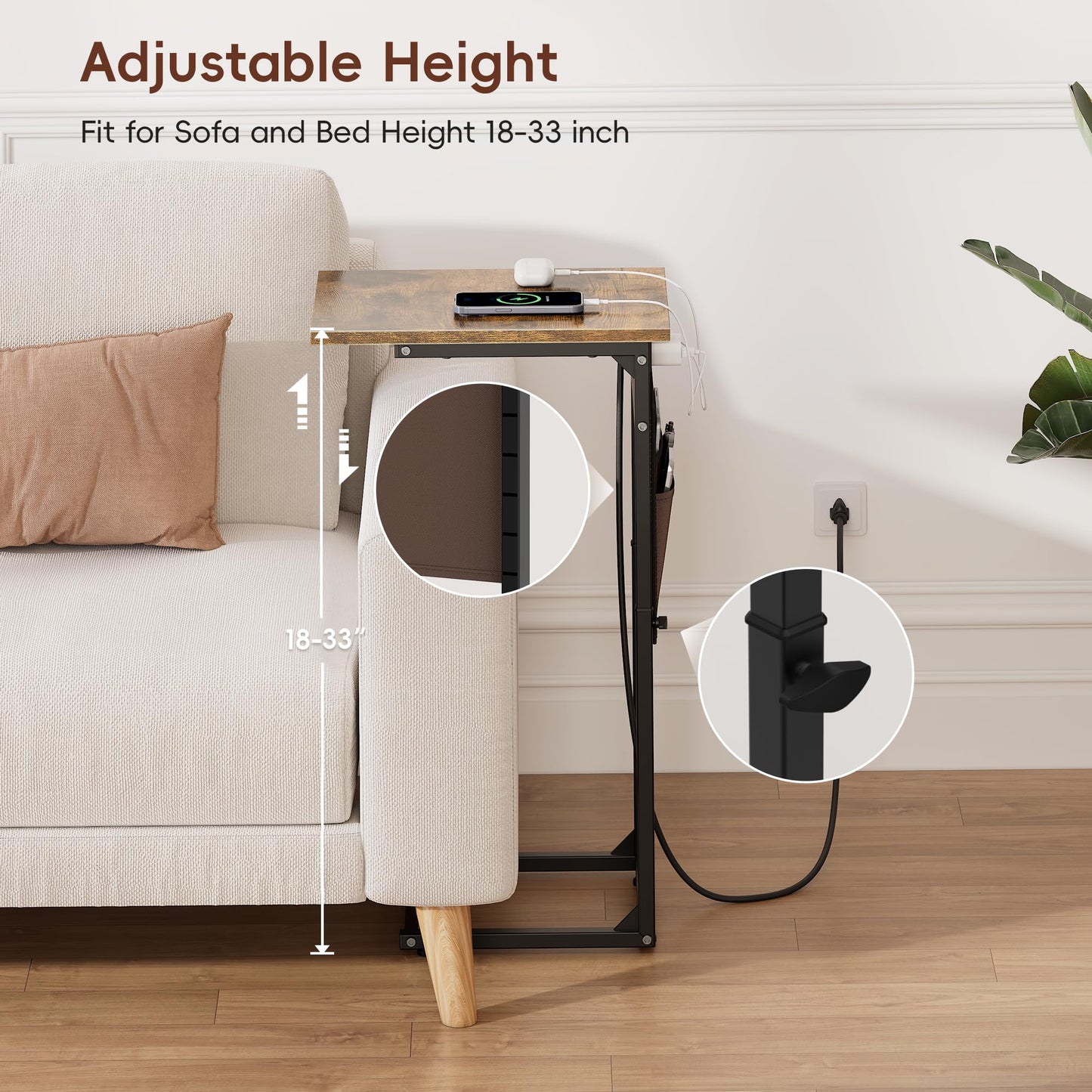 Vagusicc C Shaped End Table with Charging Station, Adjustable Height Side Table for Couch, Small Sofa Table with Storage Bag, Slide Under Sofa TV Tray Snack Arm Tables for Living Room, Bedroom, Brown
