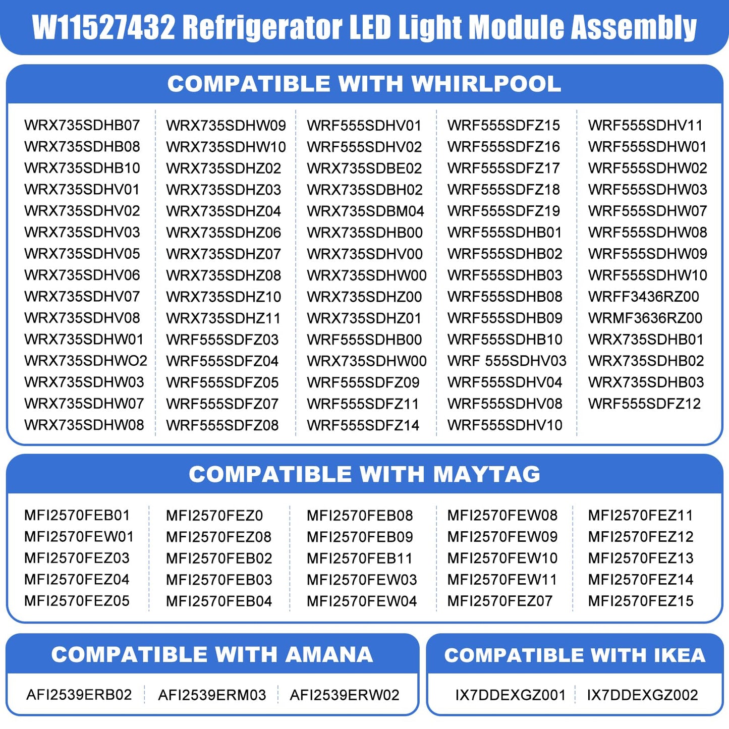 WRX735SDHZ02 WRX735SDHZ03 WRX735SDHZ04 WRF555SDFZ11 WRX735SDHZ07 WRF555SDFZ09 WRF555SDFZ15 Refrigerator LED Light Module for Whirlpool Maytag, Replaces W11527432, W11387579, W11333374, W11101384