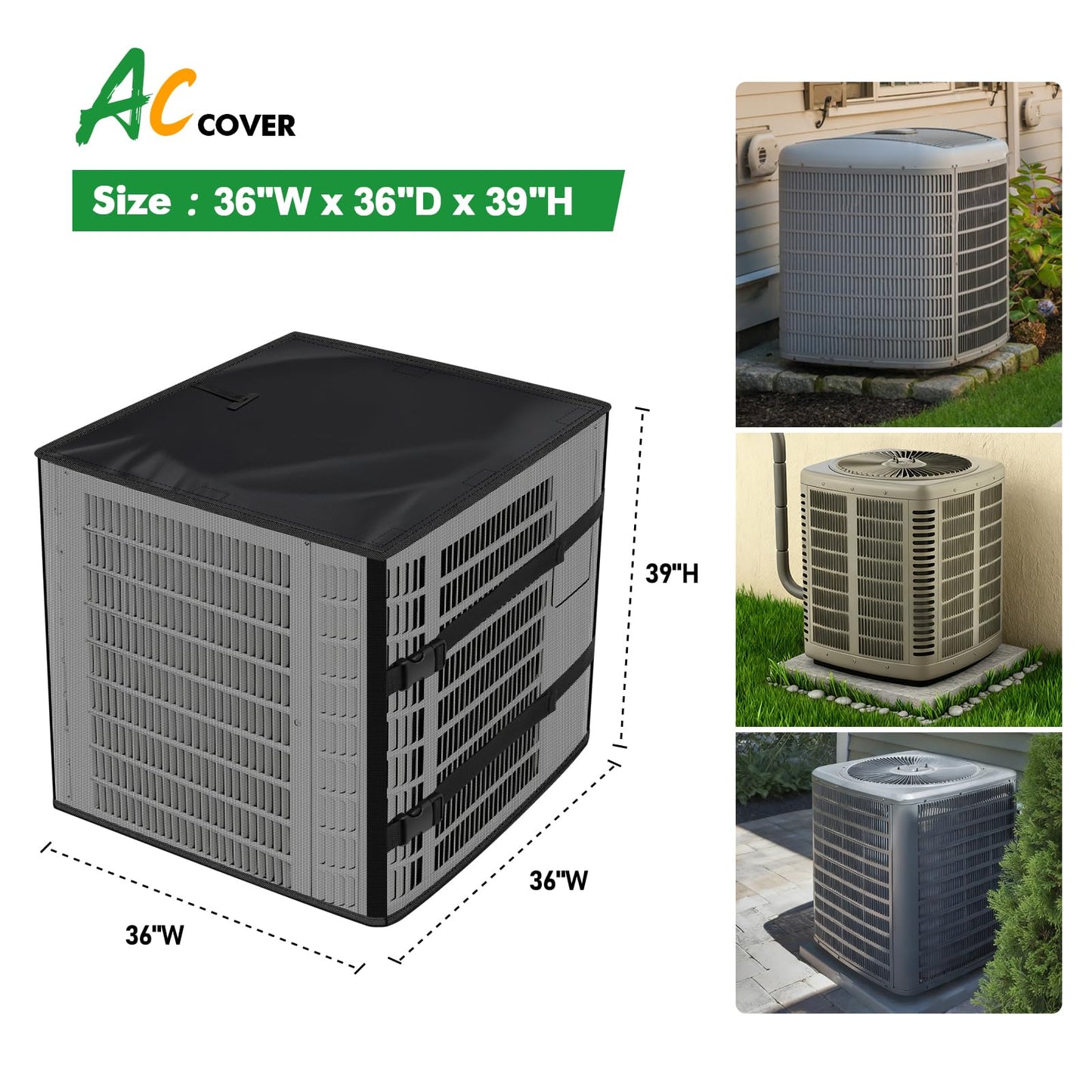 2 in 1 Air Conditioner Covers for Outside, 36"W x 36"D x 39"H Breathable Mesh AC Covers for Outside, Air Conditioner Cover with Waterproof Top AC Cover for Outside Unit for All Seasons, Black