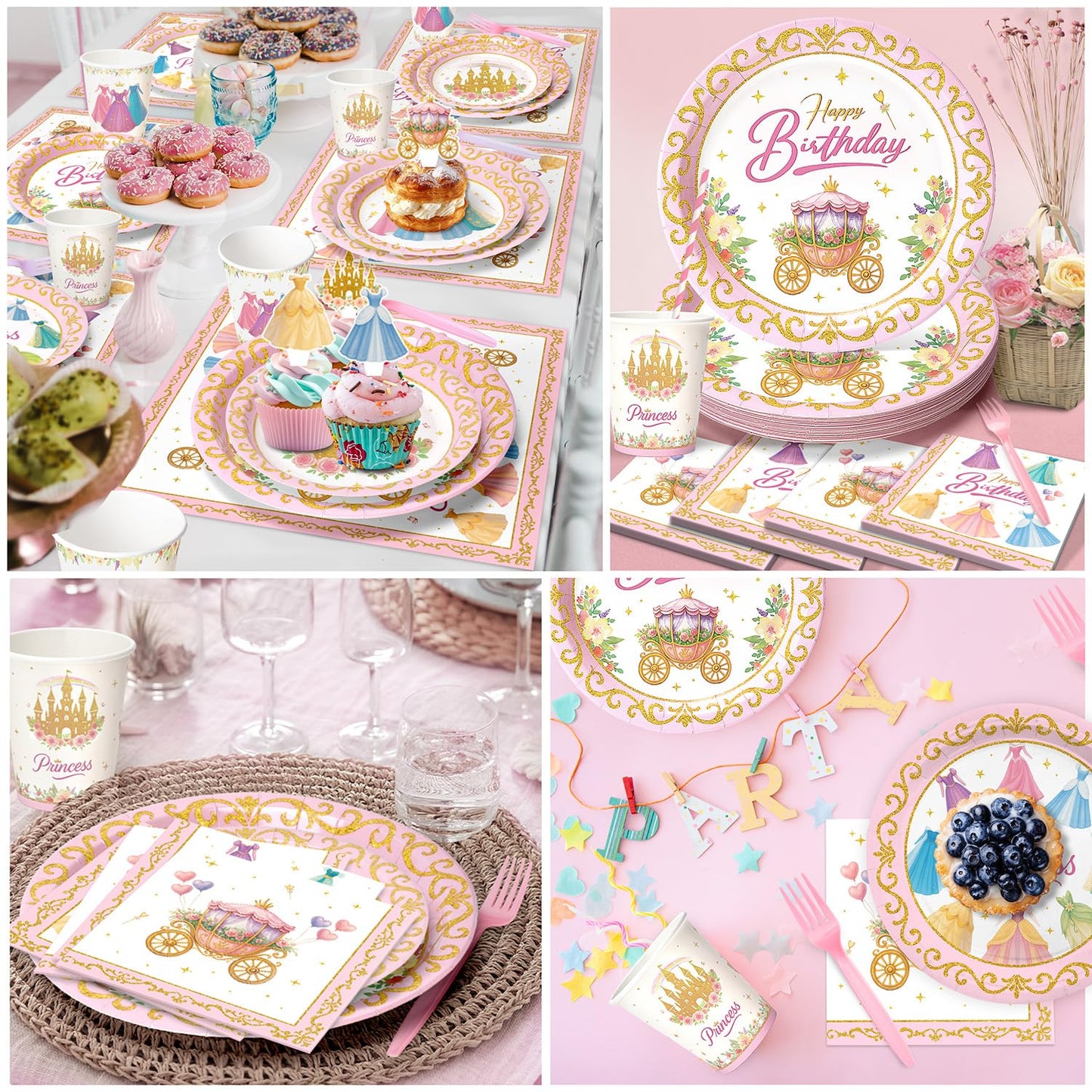 Princess Birthday Party Decorations – 199 PCS Princess Party Supplies for 24 Guests, Includes Plates, Cups, Napkins, Tablecloth, Castle Banner, Balloons, Cupcake Toppers, Tiara & Sash