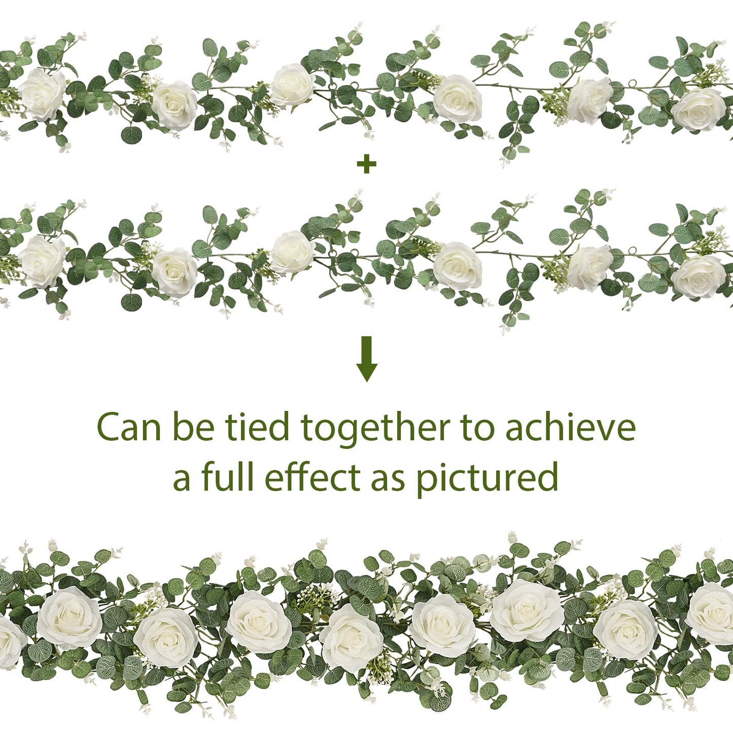 Dolicer 4Pcs 26Ft Artificial Eucalyptus Garlands with Flowers - 8 Roses, Faux Floral Greenery Garlands Fake Flowers Vines for Wedding Table Centerpieces Arch Party Ceremony Backdrop Decor (White)