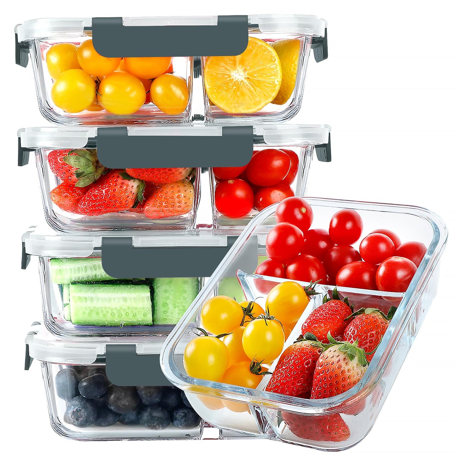 KOMUEE Glass Meal Prep Containers 3 Compartments, 5 Pack 36 oz, Glass Food Storage Containers with Lids, Airtight Lunch Bento Box, Portion Control, Freezer and Microwave Safe