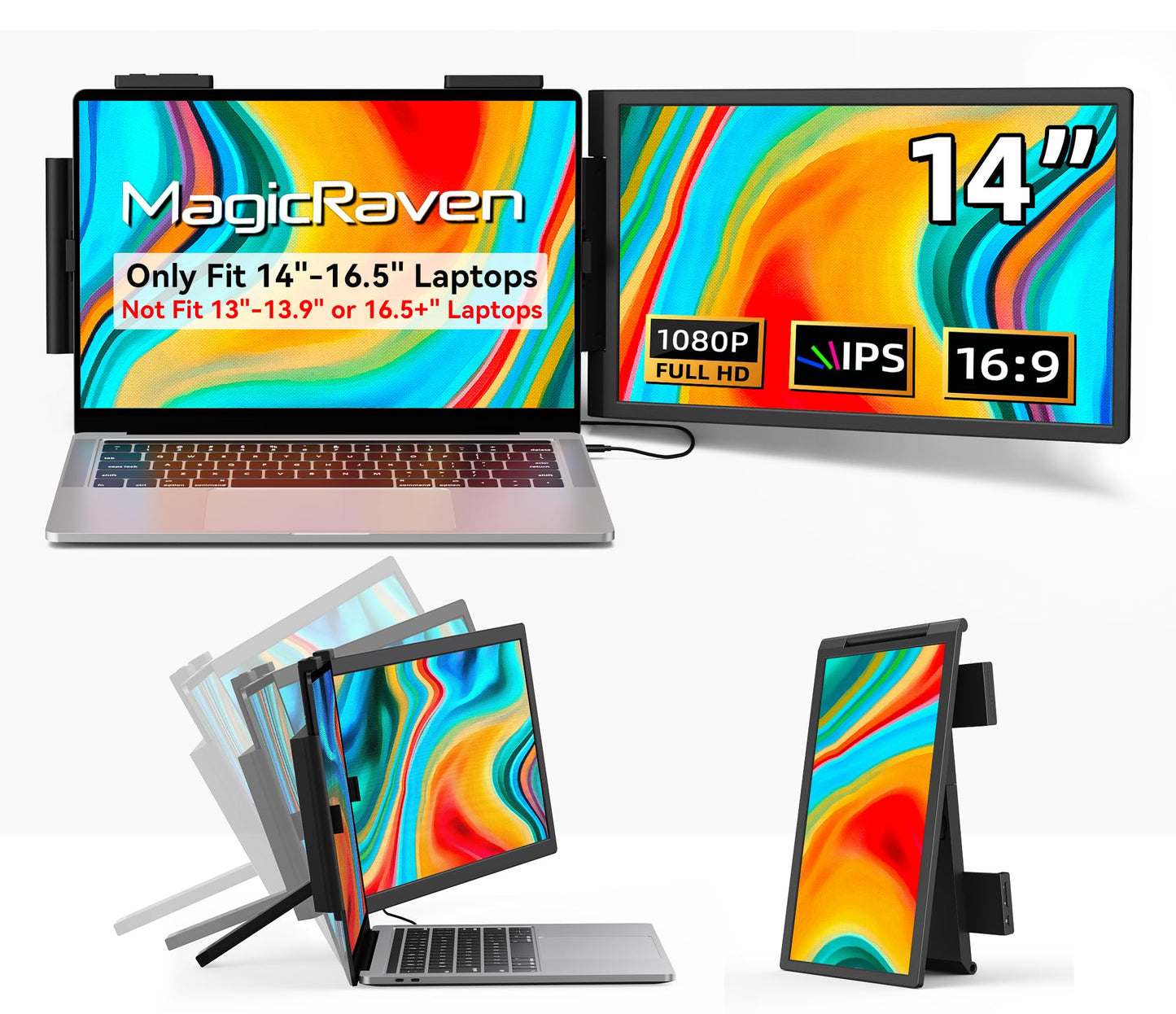 MAGICRAVEN Laptop Screen Extender, 14" 1080P IPS Portable Monitor Travel Monitor for 14-16.5" Laptops with USB-C/HDMI Port, Plug and Play Attachment Screen for Windows/Mac/Android/Switch/PS5/Xbox