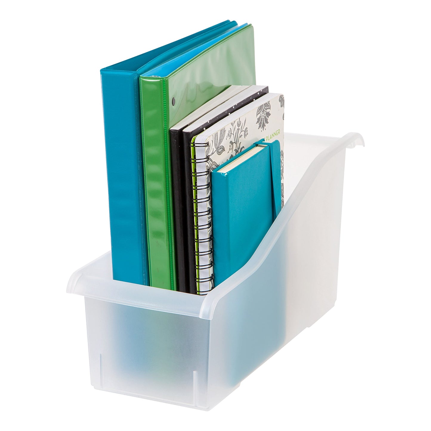 IRIS USA Plastic Book Bin Magazine Holder, 8-Pack, Vertical Standing Connecting Container Box for Office Dorm Study Homework Binder Notebook File Craft Stationery Supplies Organizer Caddy, Clear