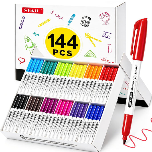 SFAIH Dry Erase Markers Fine Tip 12 Colors, 144 Pack (12 Dozen), Low Odor, Non-Toxic, Bulk Whiteboard Markers for Classroom Teachers, Students Whiteboard Lessons, Group Work & Homework & Home Use