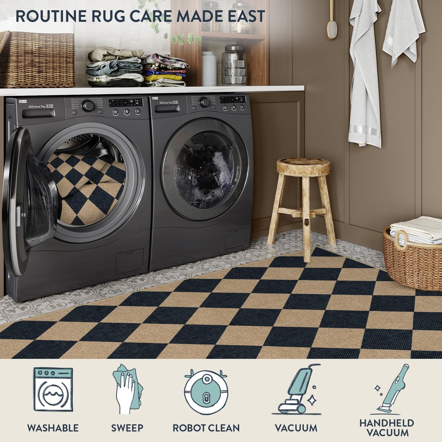 Lahome Colette Checkered Easy Jute Runner, 2x6 Kitchen Runner Rug Non Slip Washable Outdoor Rug for Entryway Indoor, Checkerboard Black Indoor Outdoor Carpet for Hallway 6ft Entry Front Door