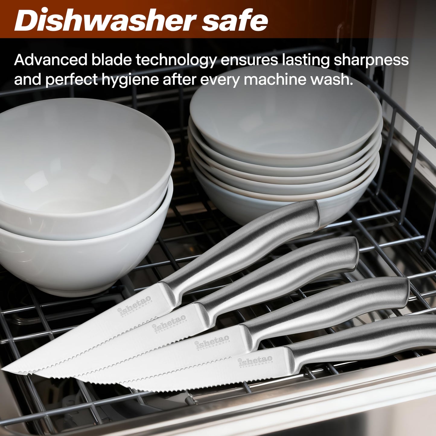 isheTao Steak Knife Set of 6, 4.5 inches Dishwasher Safe High Carbon Stainless Steel Knives, Silver