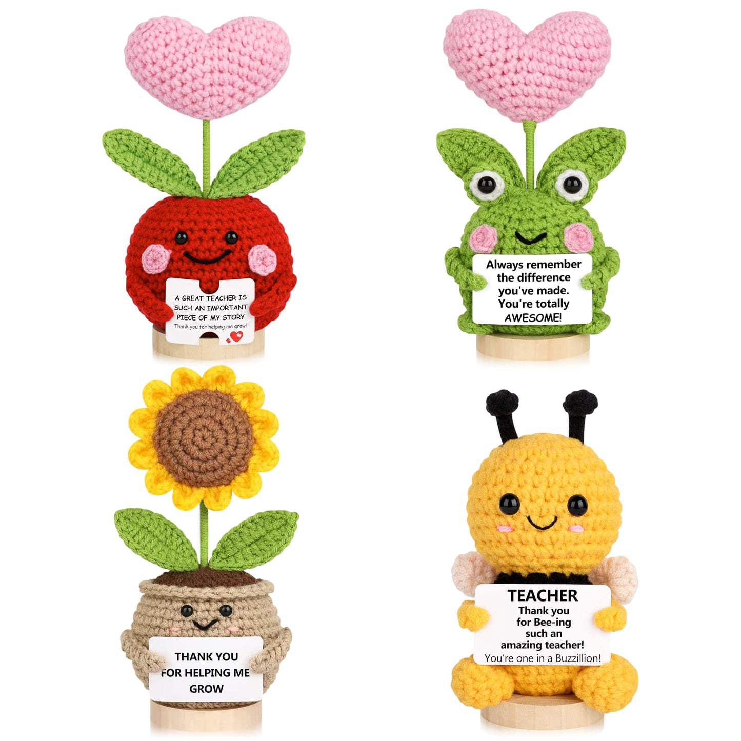 JoycuFF Teacher Appreciation Gifts in Bulk Positive Crochet Animals Teacher Gifts for Women Handmade Bee Frog Apple Sunflower Emotional Support Crochet Plants Gift for Teachers Coworker Friend Men