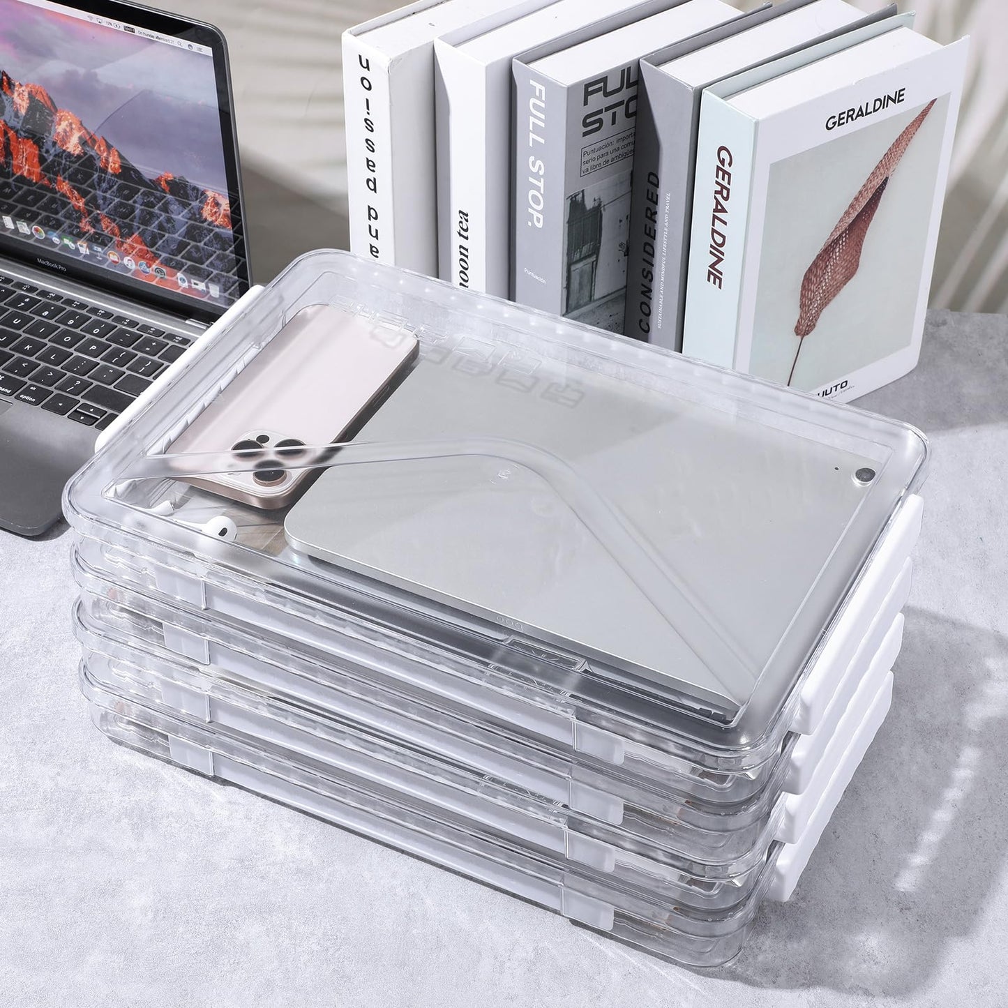 Mekueeex 4 Pack Clear Plastic File Boxes with Handle, Modern Style, Stackable, Water Resistant, A4 Letter File, Document, Photo, Scrapbook Storage