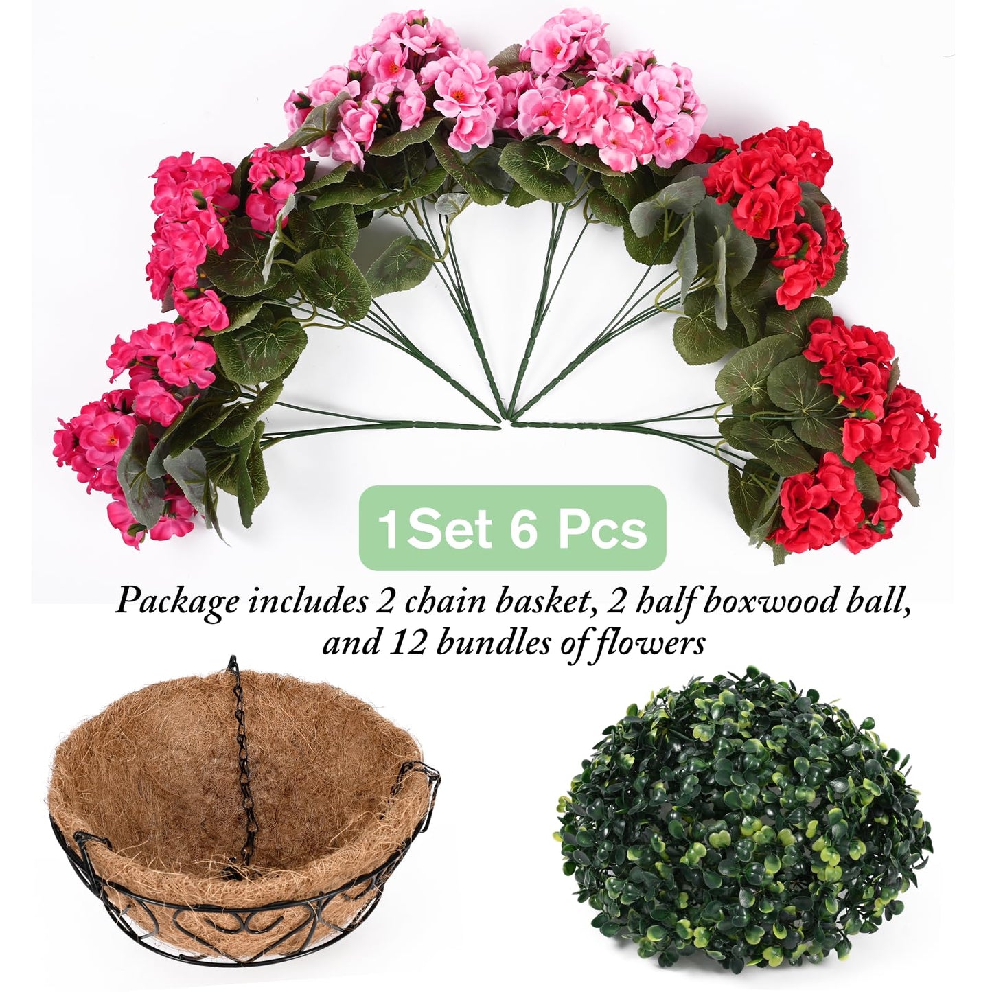 Waipfaru 2 Set Artificial Geraniums for Outdoors with Hanging Baskets, 12 Bundles UV Resistant Artificial Outdoor Plants, Fake Flowers for Spring Front Porch Home Patio Balcony Yard Decor, Mixing