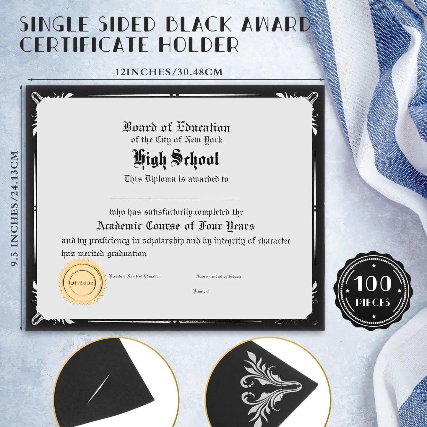 Fainne 100 Pcs Certificate Holder Foil Border 8.5 x 11 Inch Single Sided Award Certificates Cover for Letter Size Cardstock Document Paper Diploma Graduation School Marriage Supplies(Black, Silver)
