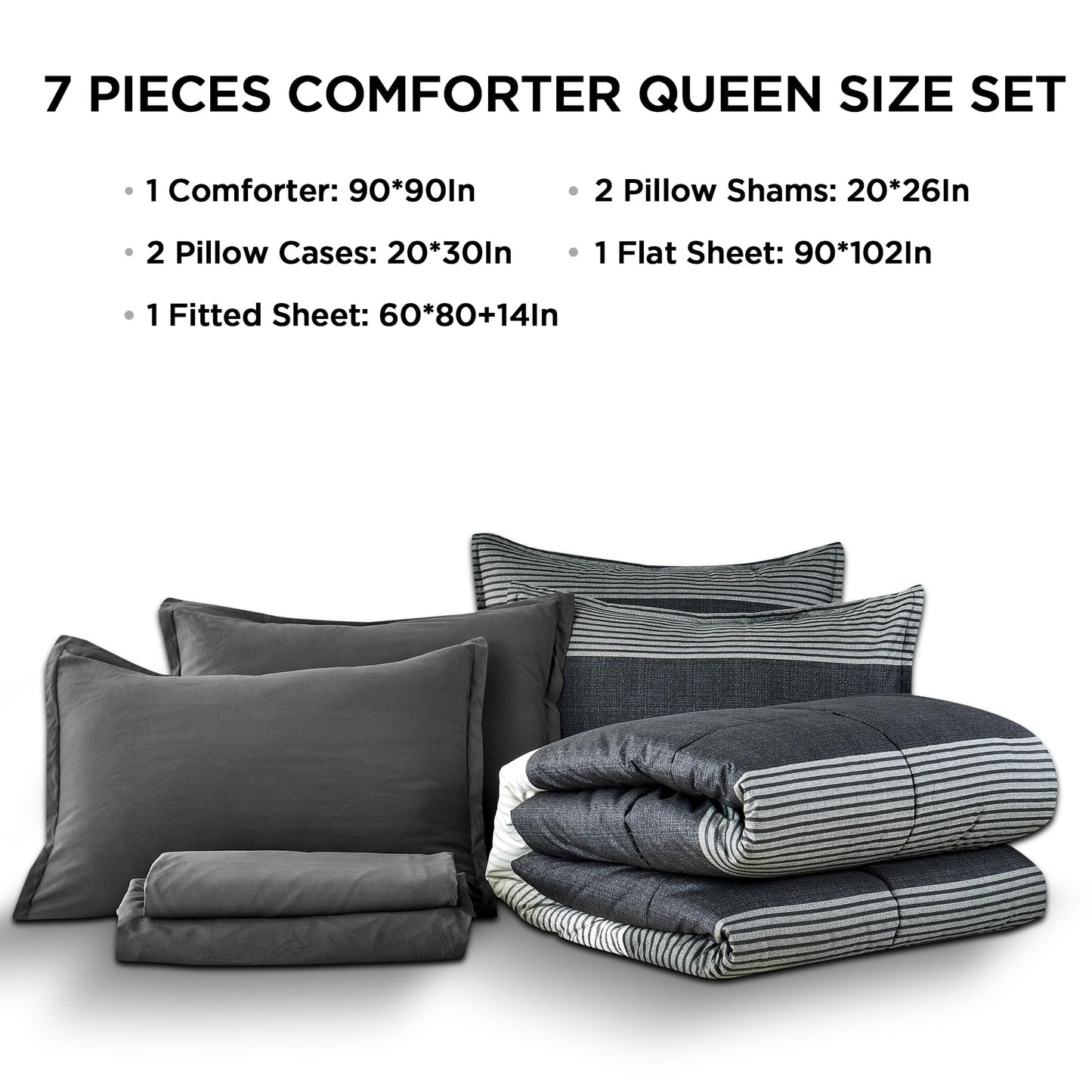 Andency Queen Comforter Set 7 Pieces Bed in a Bag - Black White Grey Striped Lightweight Soft All Season Queen Size Bedding Set with Comforter, Fitted & Flat Sheet, Pillowcases & Shams