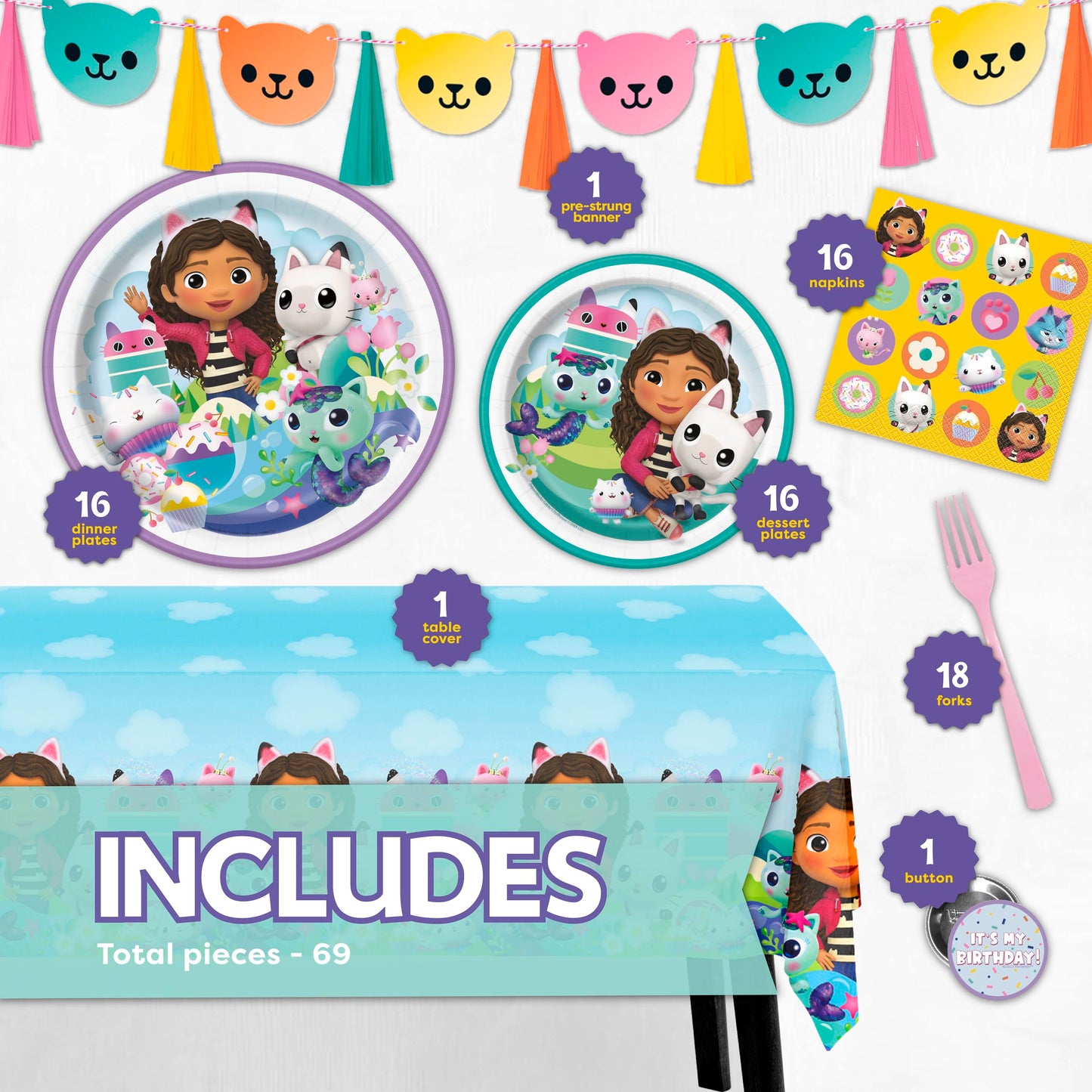 Gabby Dollhouse Party Decorations | Gabby Birthday Party Decorations | Tablecover, Banner, Plates, Napkins, Button | Serves 16 | Officially Licensed