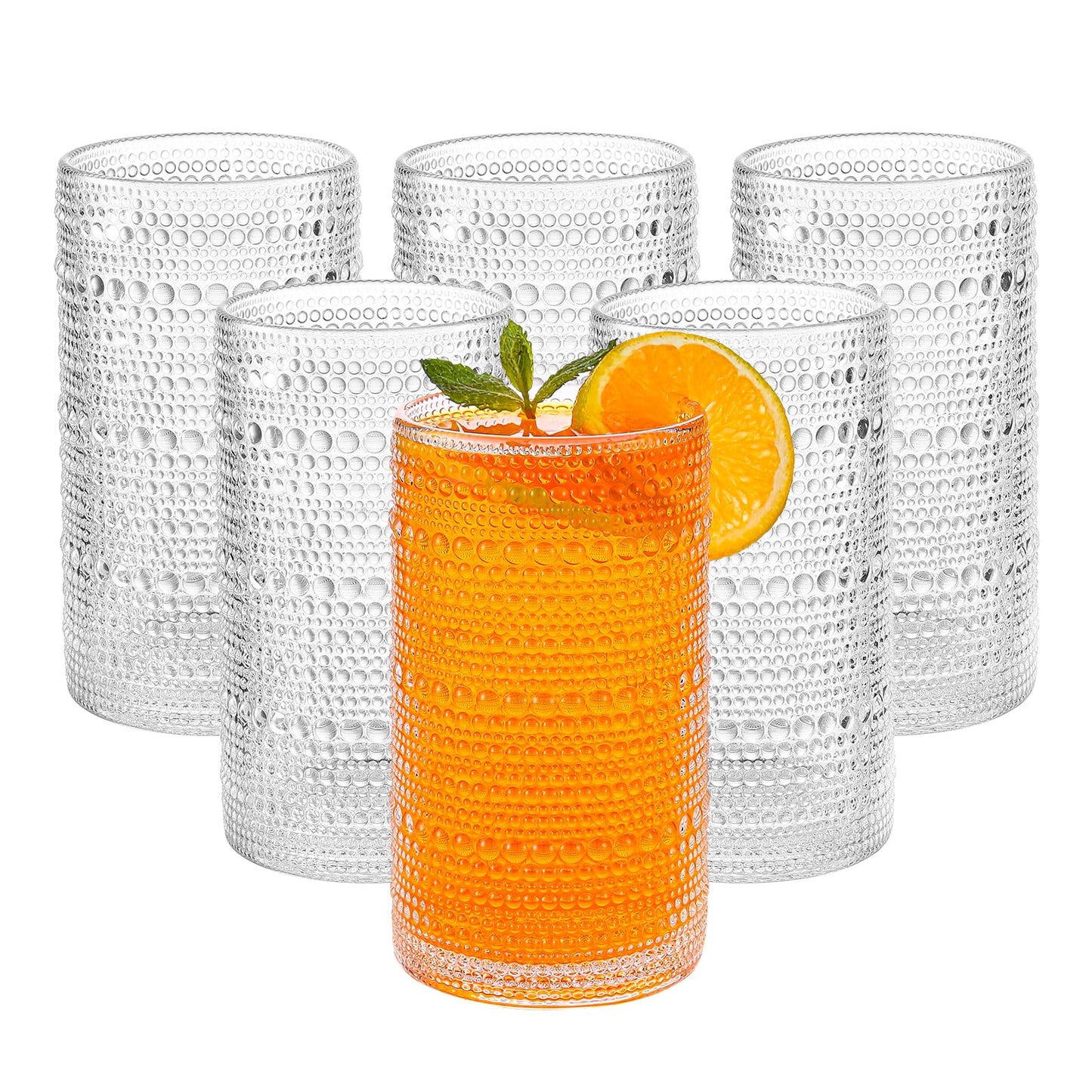 HEFBCOMK Large Vintage Hobnail Drinking Glasses Set of 6, 16oz Clear Highball Glasses Cups, Kitchen Water Glasses Cup, for Cocktail, Juice, Whiskey, Milk and Various Mixed Drinks