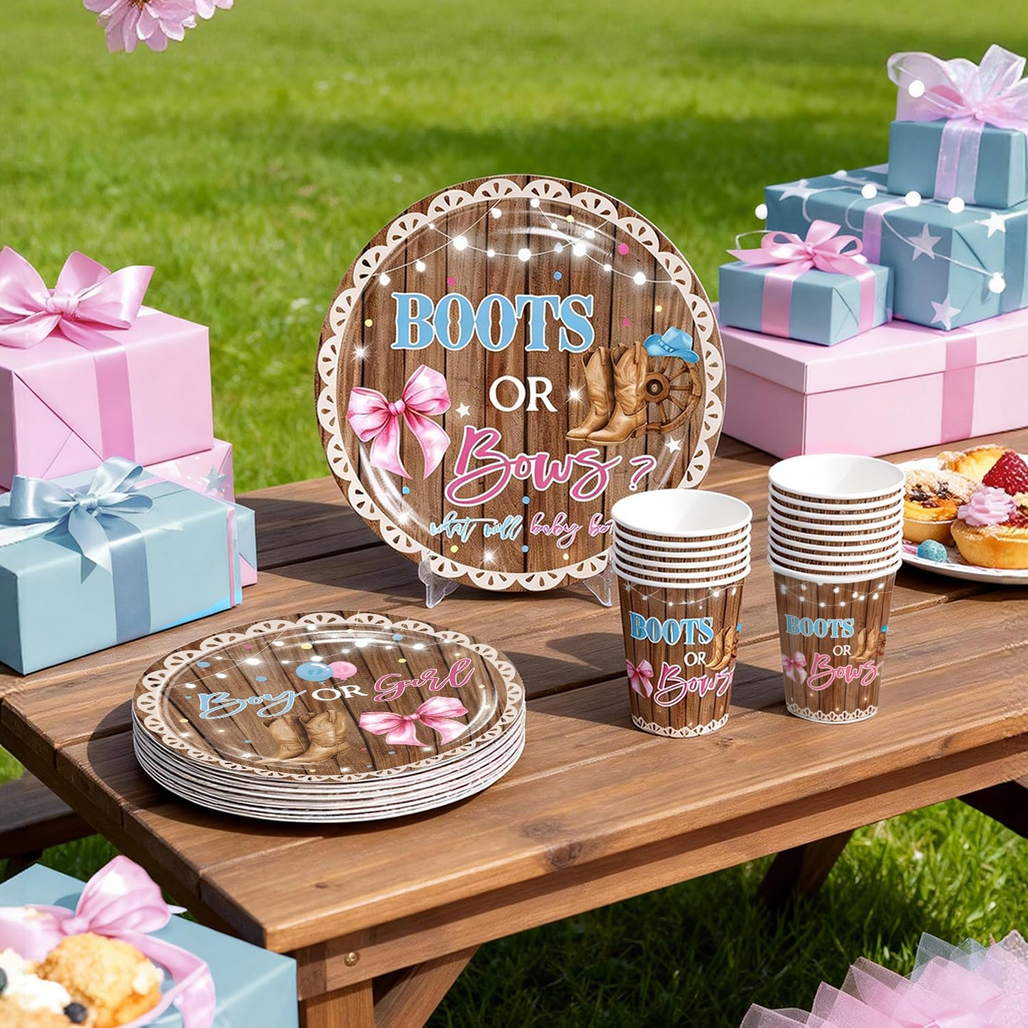 Cocomigo 299 Pcs Boots or Bows Gender Reveal Decorations, Complete Party Set Serves 25, Boots and Bows Gender Reveal Decorations with Plates, Tablecloths, Balloons, and Stickers