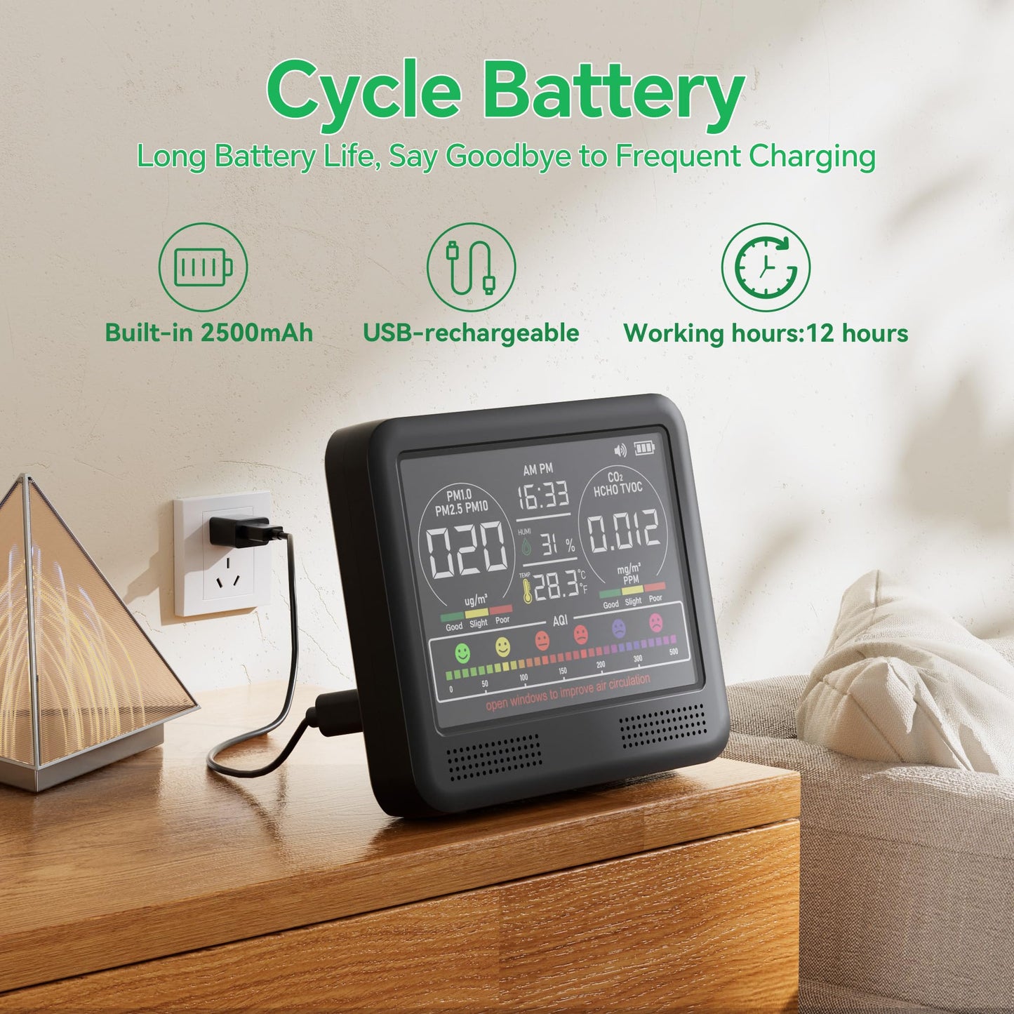 16-in-1 Air Quality Monitor Indoor with 7AQI Beep Alarm, CO2 Monitor, Air Quality Detector with PM1.0 | PM2.5 | PM10 | Temp | HUM | Formaldehyde | VOC Tester for Home Office Plant