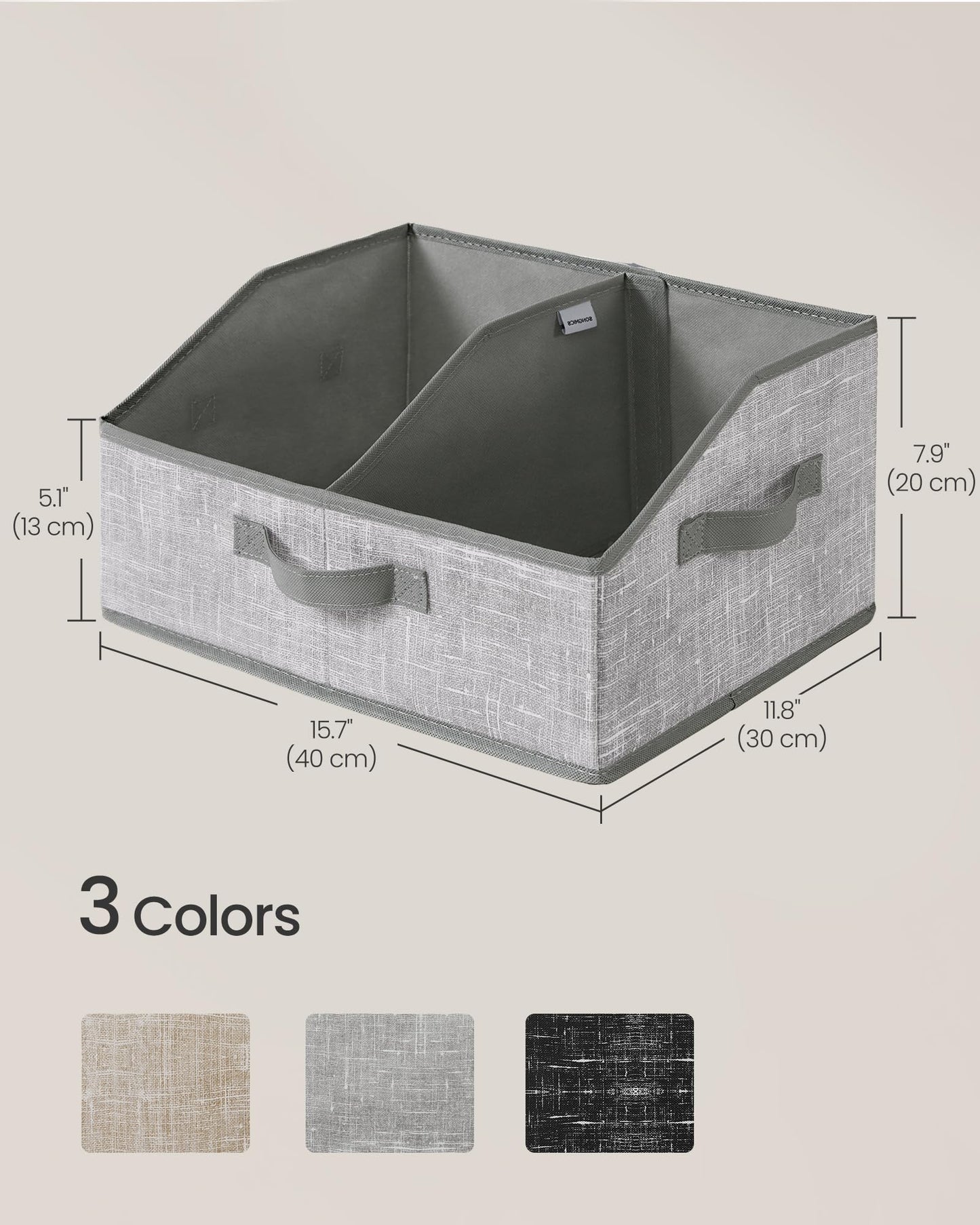 SONGMICS Set of 6 Storage Baskets, Foldable Storage Bins with Removable Dividers, Fabric Boxes, 15.7 x 11.8 x 7.9 Inches, Closet Organizers, 3 Handles, for Living Room, Cattail Gray URFB0140G01